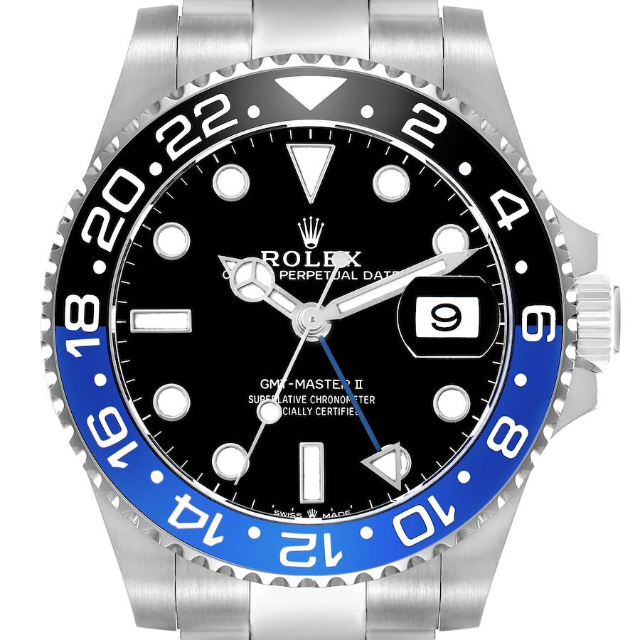 The Rolex GMT-Master II model 126710 is shown from a front angle displaying the dial, bezel, hands, indices, and part of the bracelet.