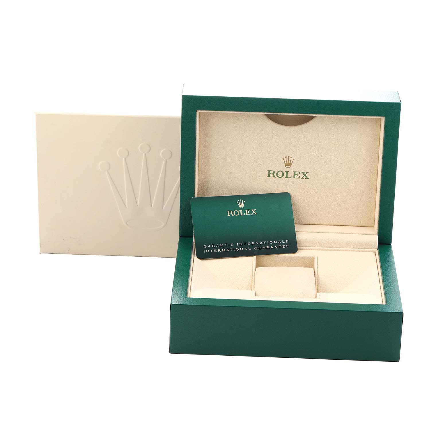 The image shows an open Rolex GMT-Master 126710 Men
s Stainless Steel Black Dial watch box with an international guarantee card inside.