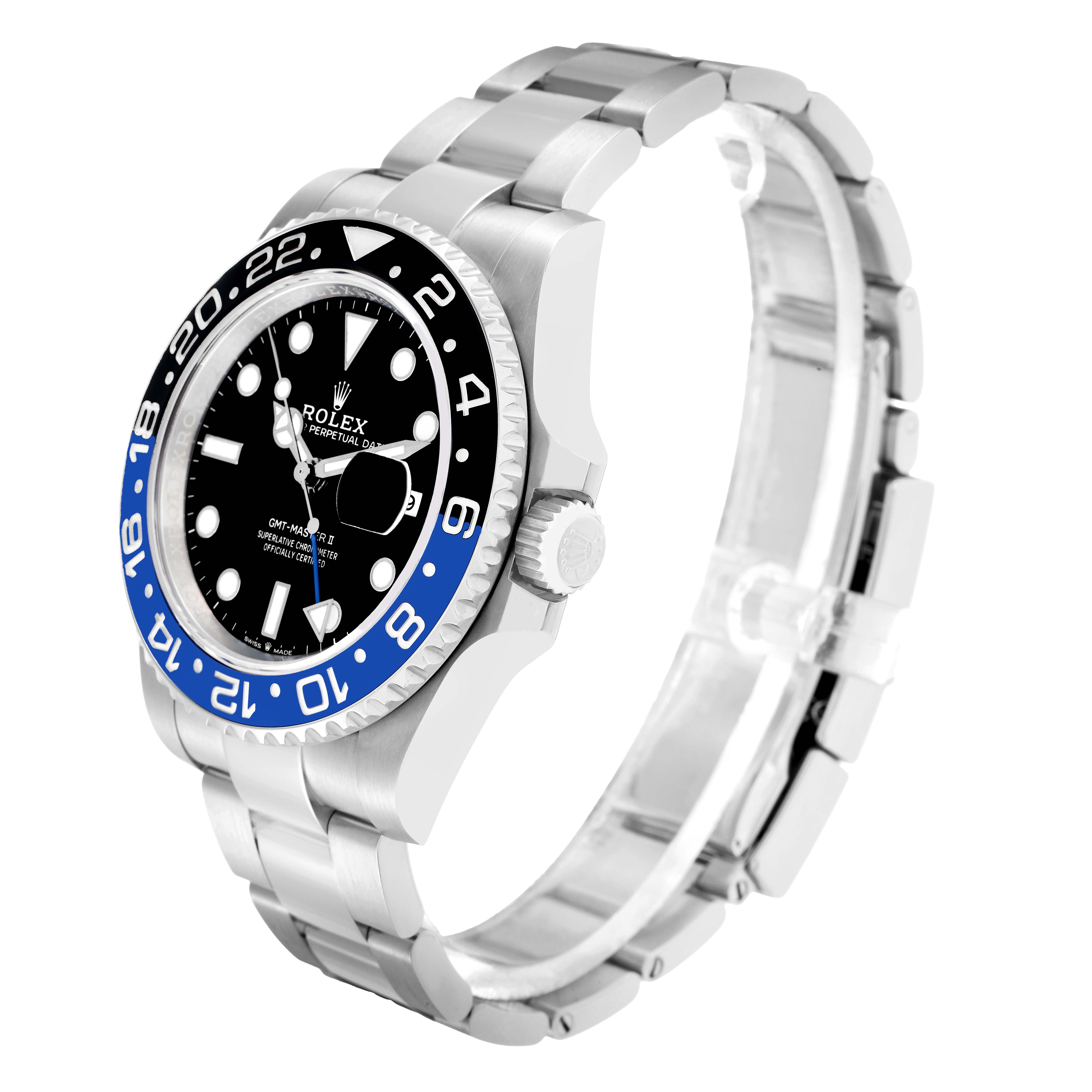 The Rolex GMT-Master 126710 Men
s Stainless Steel Black Dial watch is shown from a front-left angle, highlighting the bezel, dial, case, and bracelet.
