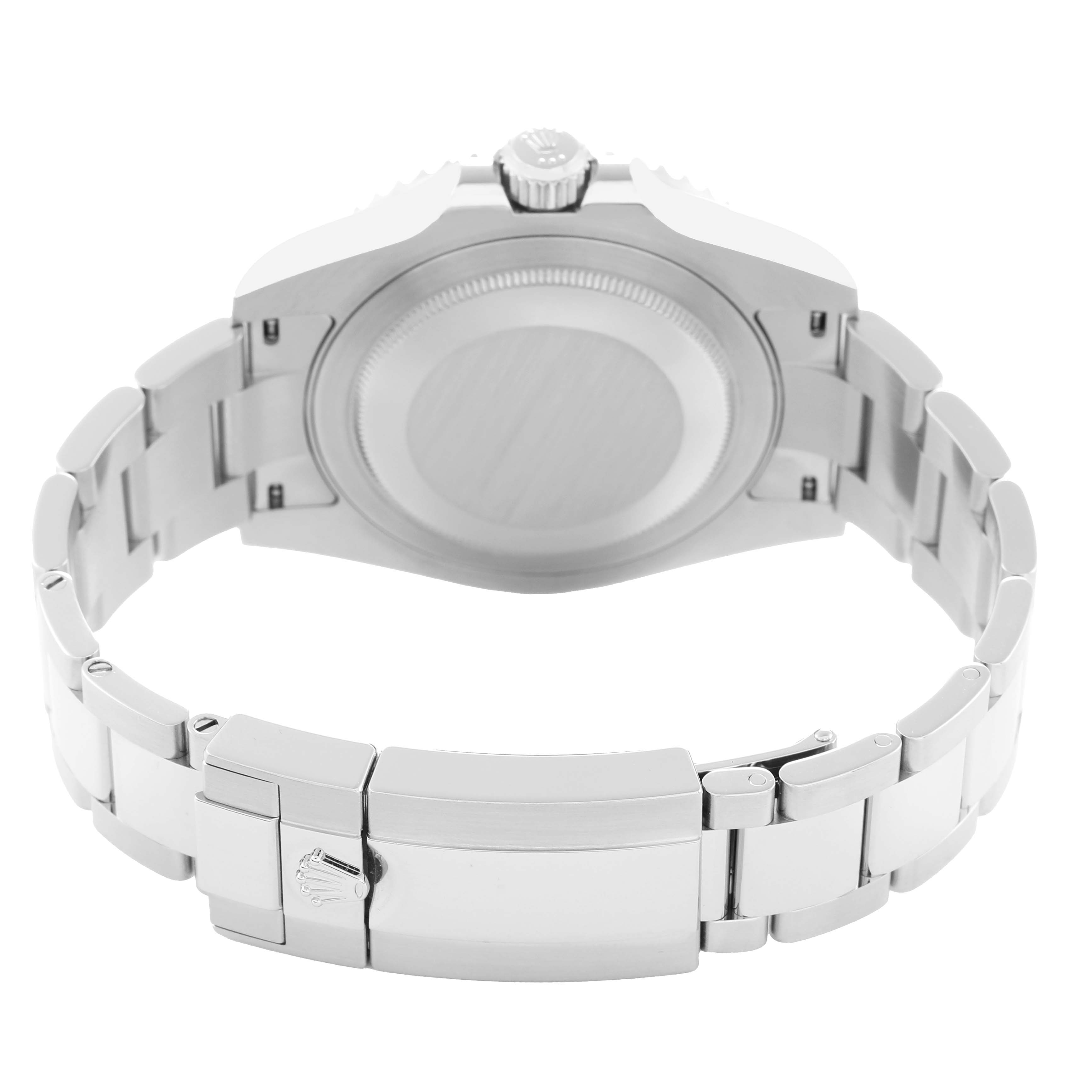 The Rolex GMT-Master 126710 Men
s Stainless Steel Black Dial watch is shown from the back, highlighting the case back, crown, and bracelet clasp.