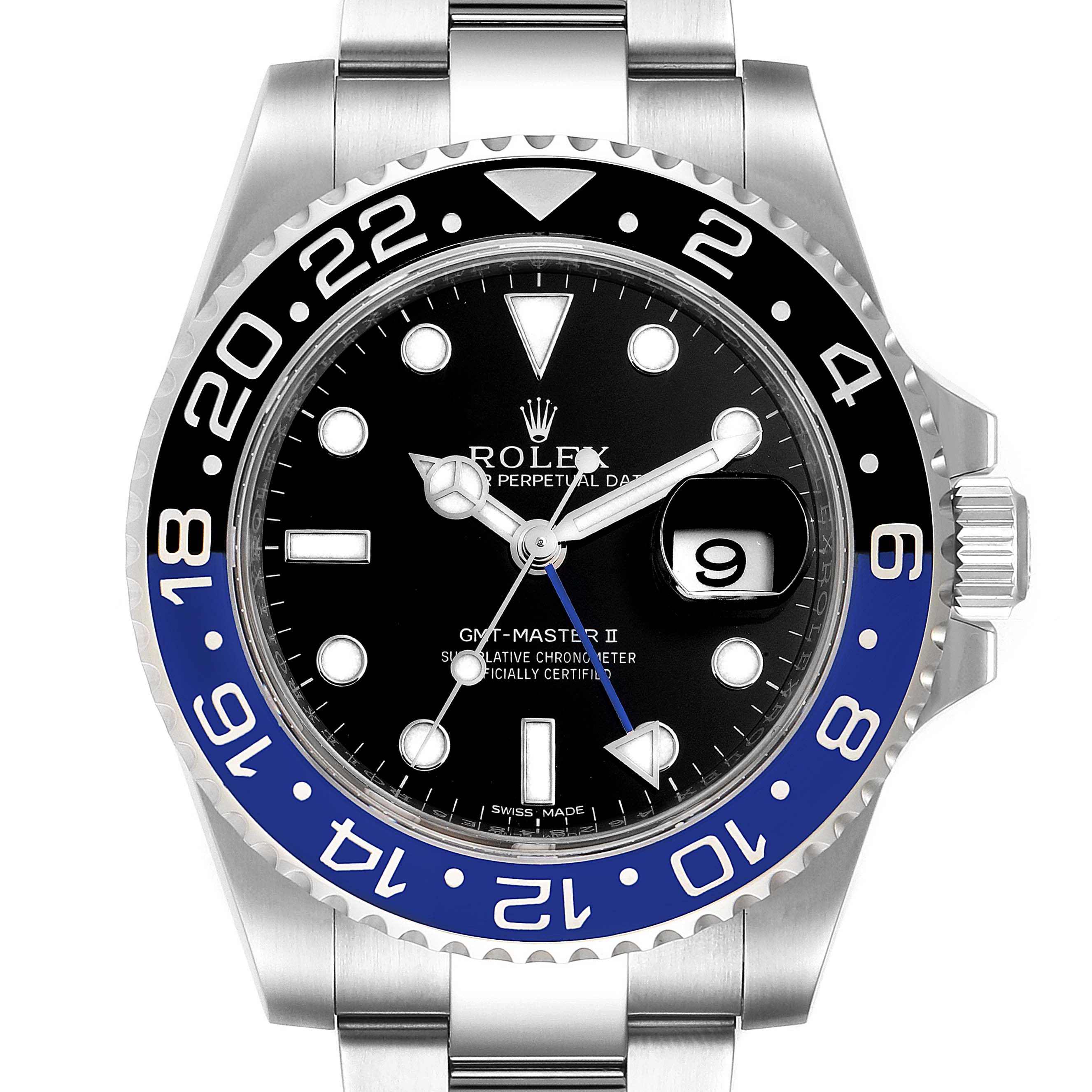 The image shows a front view of a Rolex GMT-Master 116710 Men
s Stainless Steel Black Dial 116710 Men
s Stainless Steel Black Dial II watch, highlighting its bezel, dial, and crown.