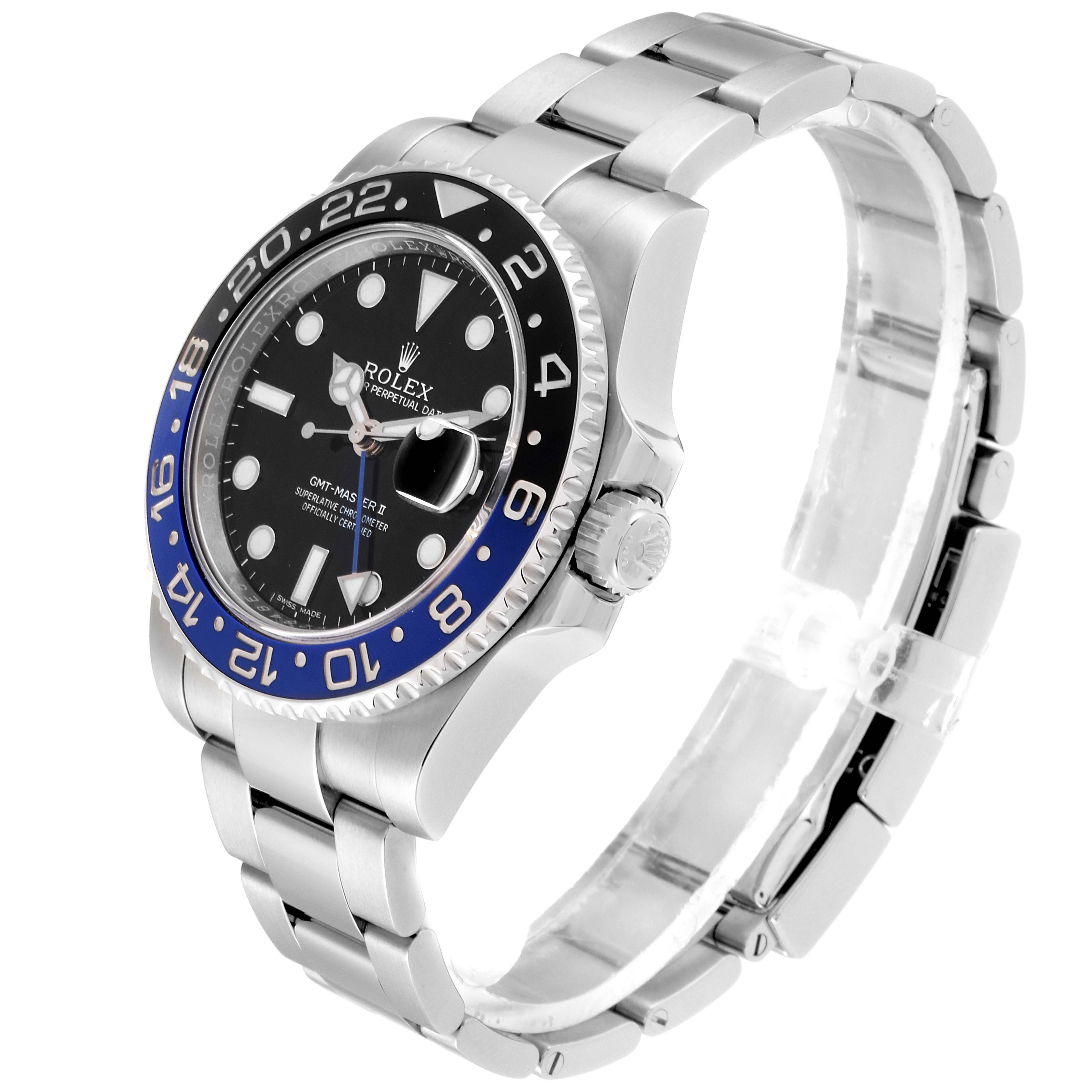 This image shows a side and partial top view of a Rolex GMT-Master 116710 Men
s Stainless Steel Black Dial 116710 Men
s Stainless Steel Black Dial II watch, highlighting its bezel, dial, and bracelet.