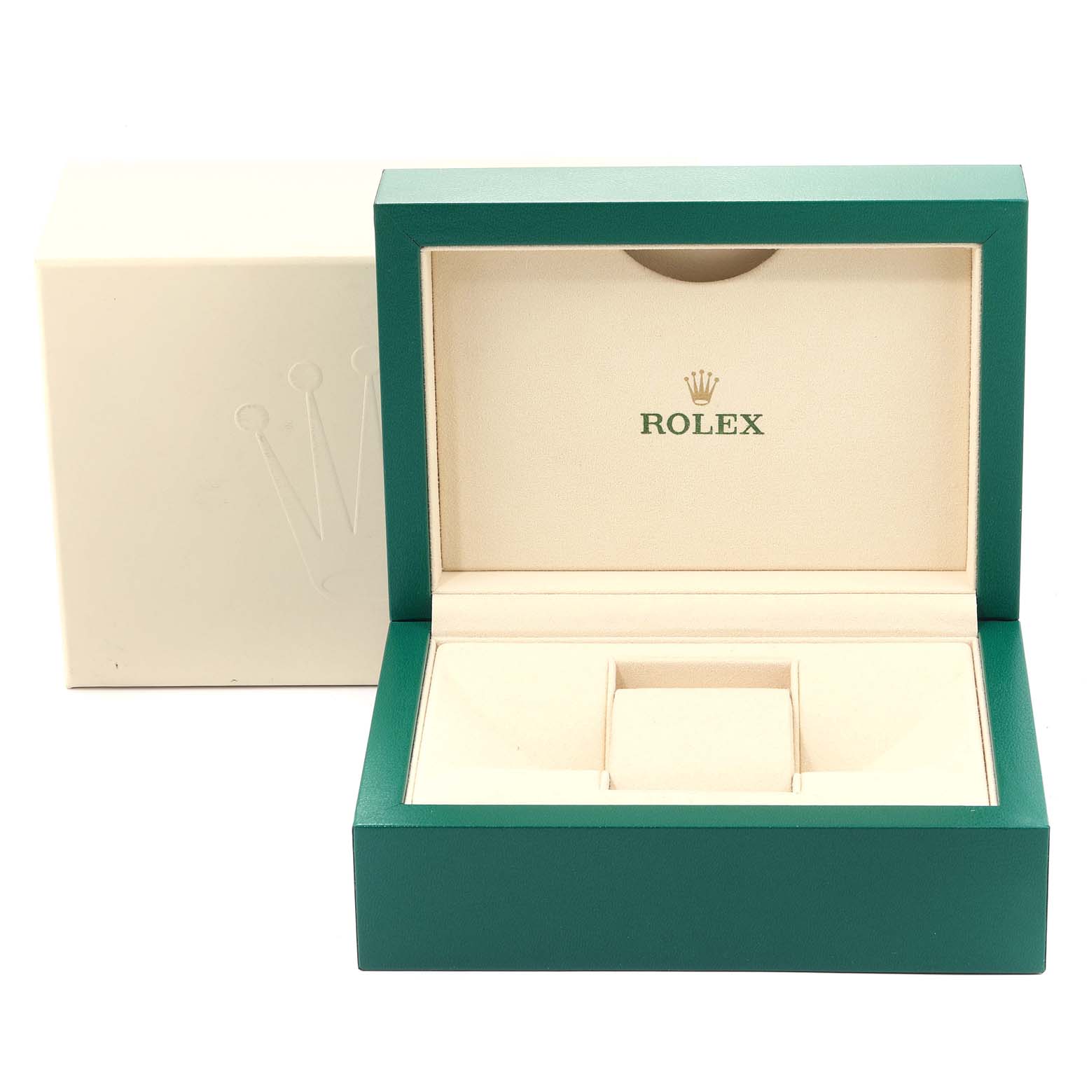 This image shows an open Rolex box for a GMT-Master model, highlighting the packaging and interior compartments.