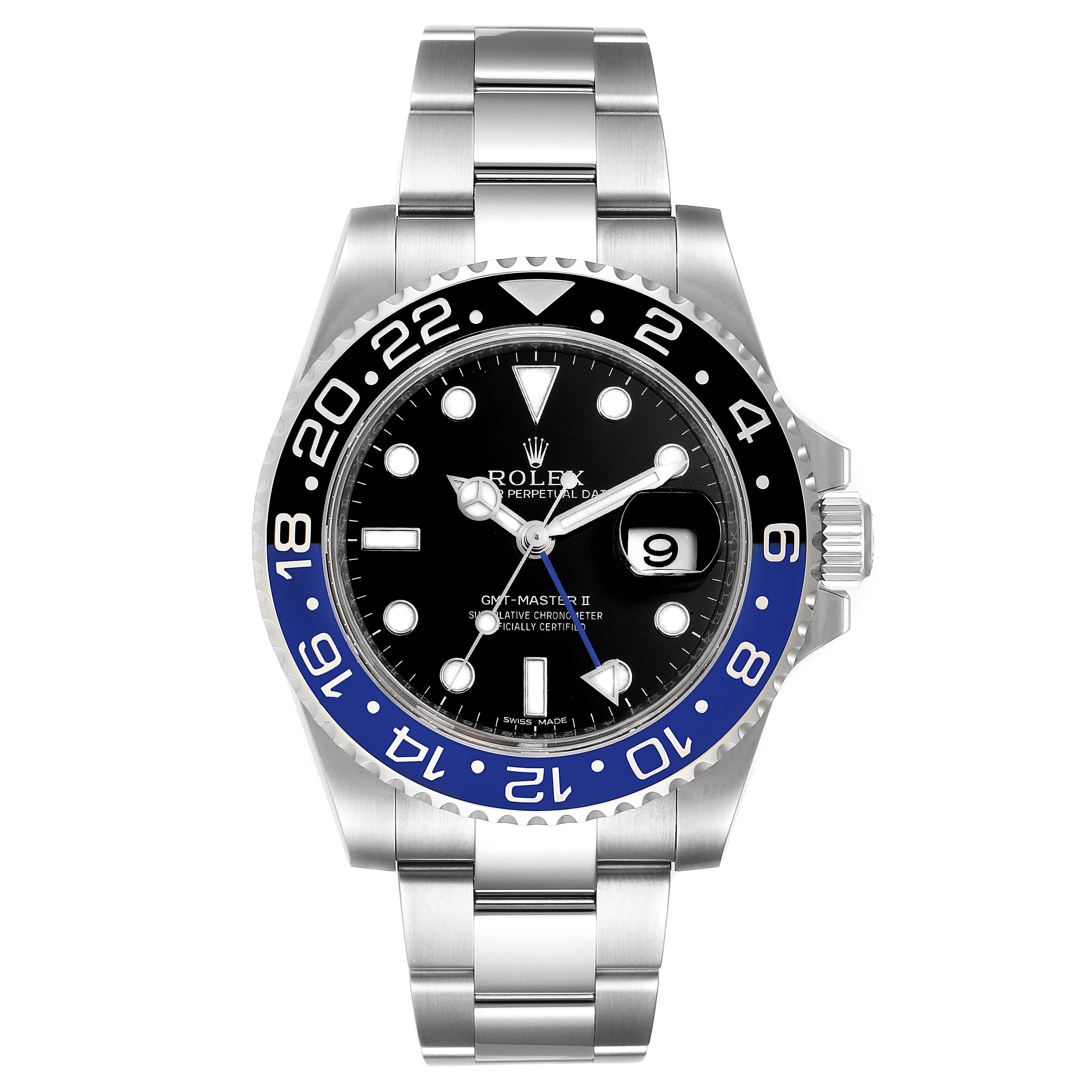 This image shows a front view of the Rolex GMT-Master 116710 Men
s Stainless Steel Black Dial 116710 Men
s Stainless Steel Black Dial II watch, showcasing the dial, bezel, and bracelet.