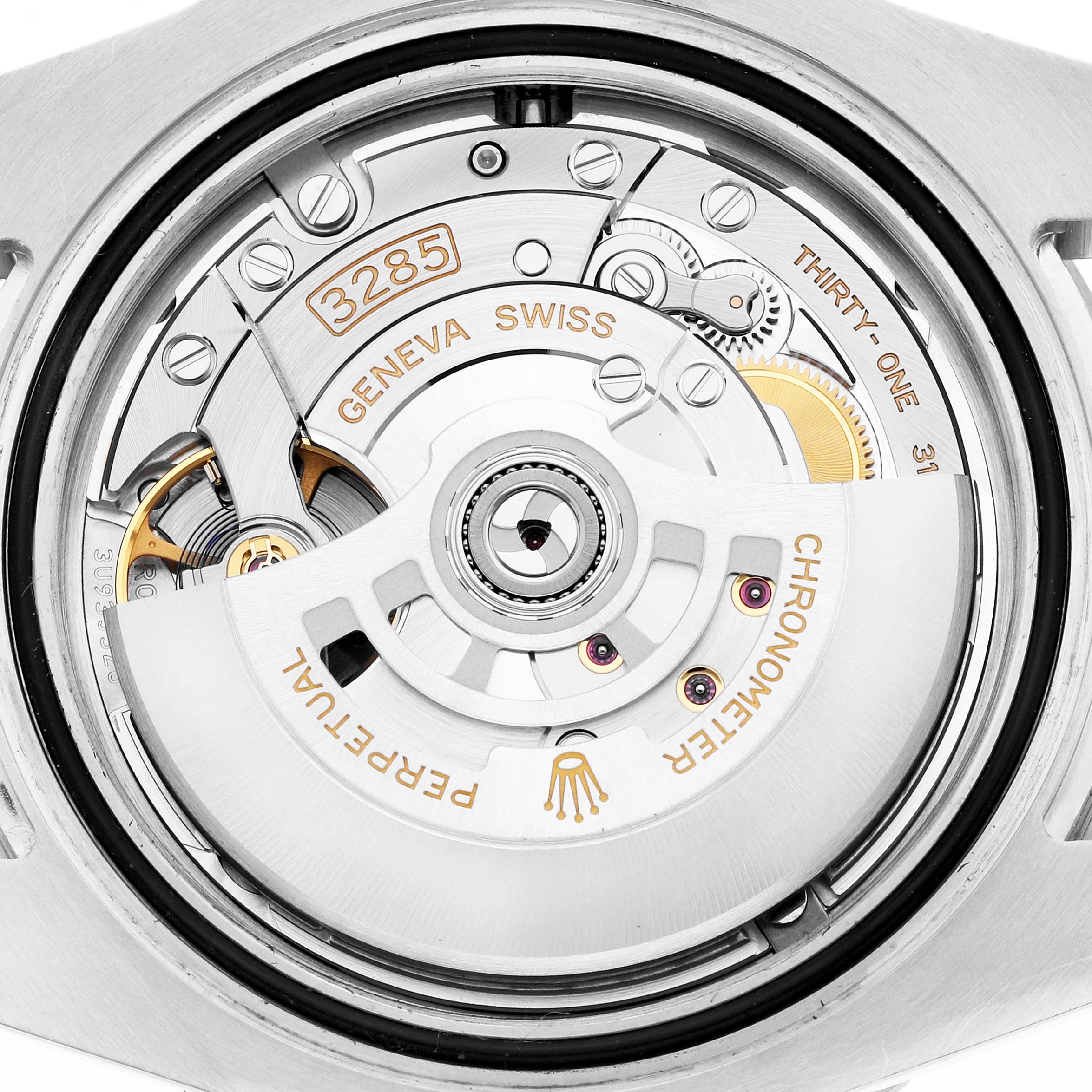 The image shows the back view of the Rolex GMT-Master 126710 Men
s Stainless Steel Black Dial, displaying its movement and rotor mechanism.