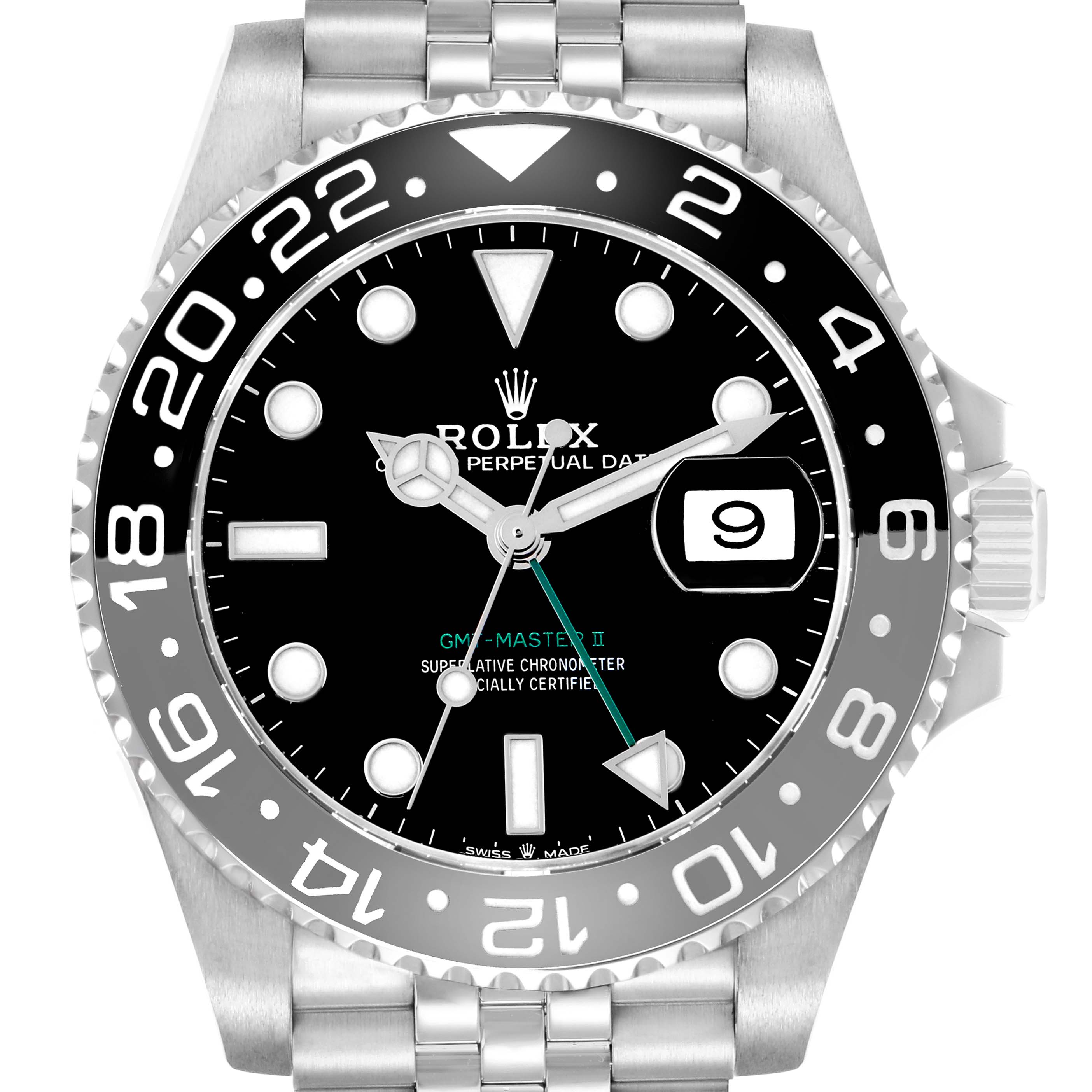 The image shows a frontal view of a Rolex GMT-Master 126710 Men
s Stainless Steel Black Dial II, highlighting the bezel, dial, and part of the bracelet.