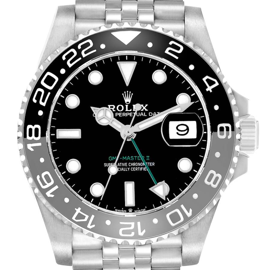 The image shows a front view of the Rolex GMT-Master II model 126710, highlighting its bezel, dial, hands, and bracelet.