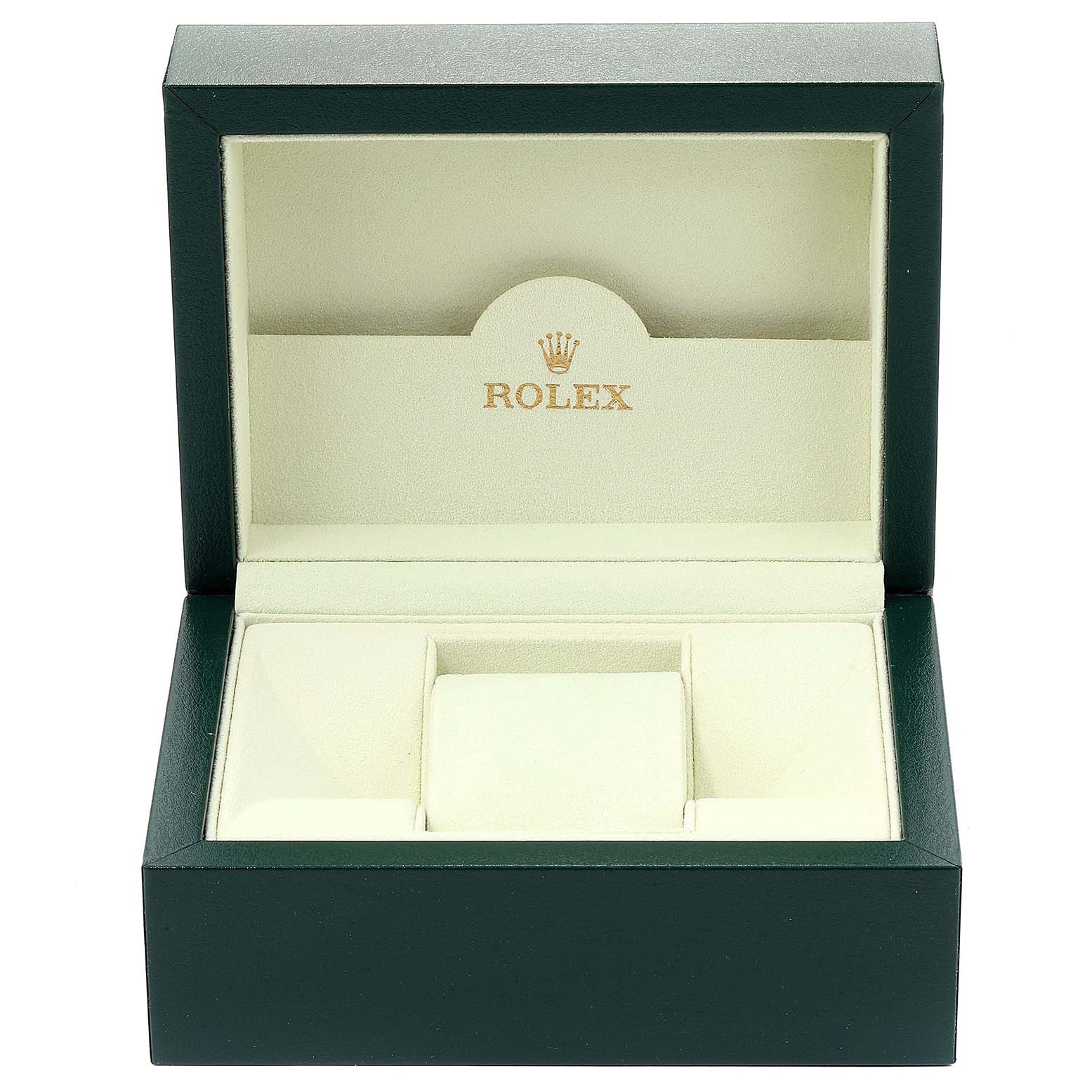 The image shows an open box for a Rolex Mid-Size 177200 Women
s Stainless Steel Black Dial 177200 Women
s Stainless Steel Black Dial model, viewed from the front, displaying the interior with compartments.