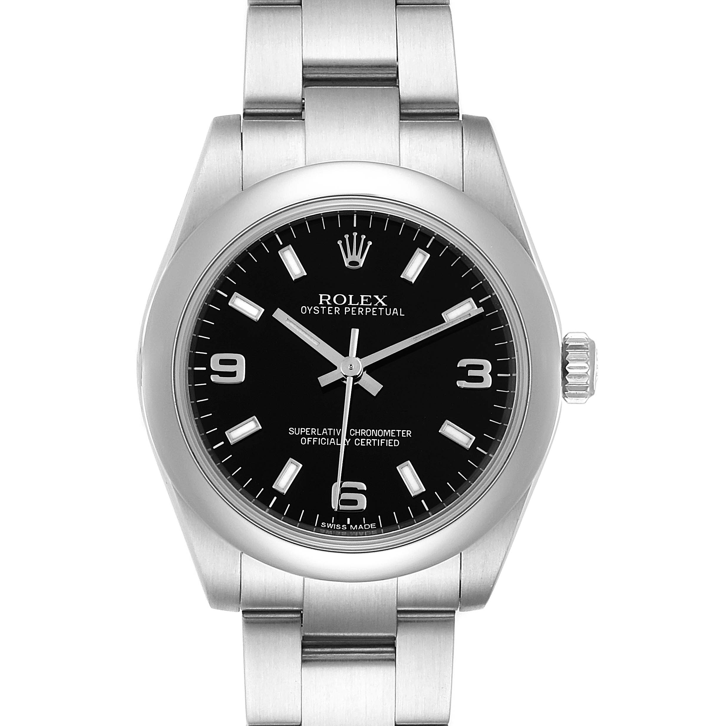 The image shows a Rolex Oyster Perpetual Mid-Size model watch from a front angle, displaying its face and part of the bracelet.