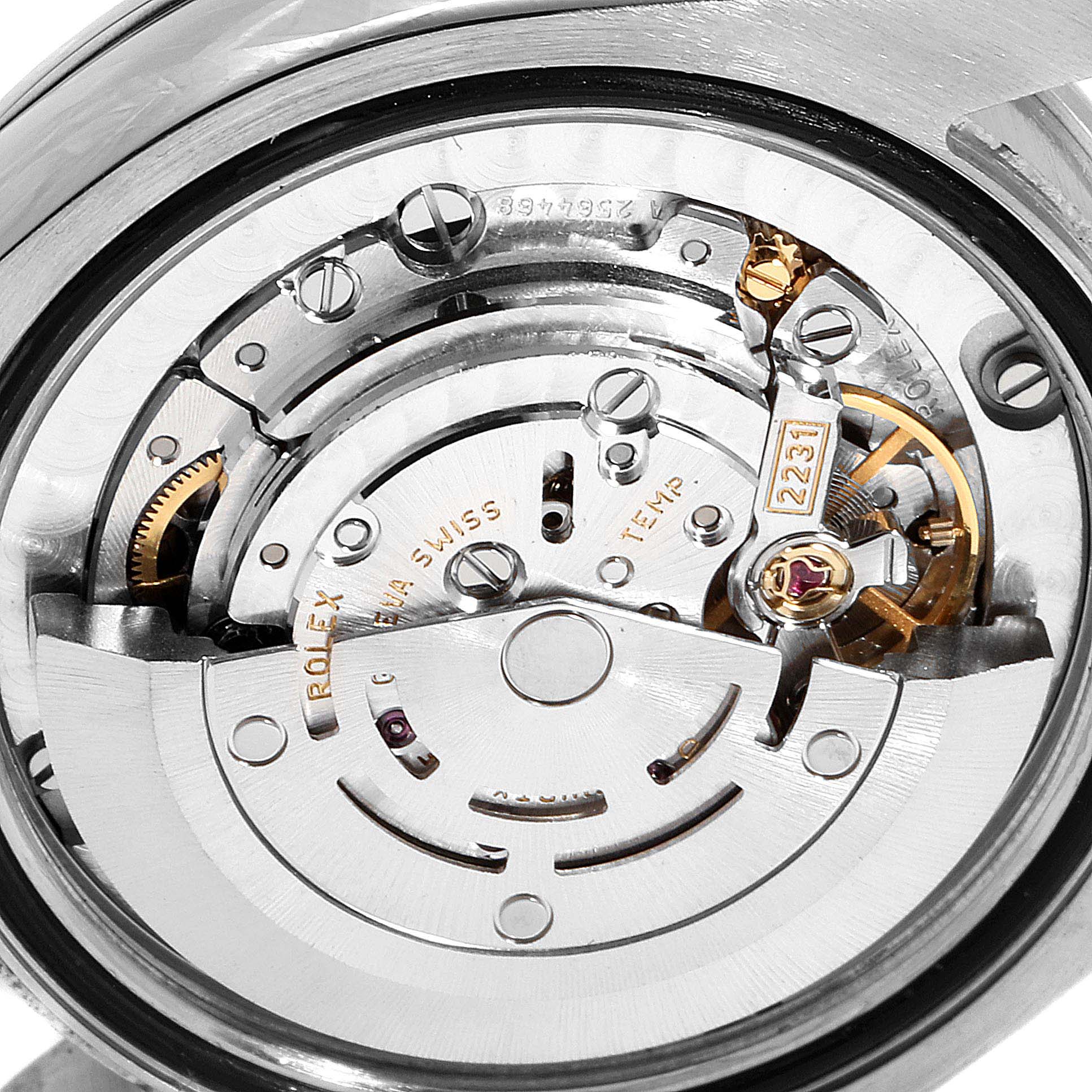 This close-up image shows the internal movement mechanism of a Rolex Mid-Size 177200 Women
s Stainless Steel Black Dial 177200 Women
s Stainless Steel Black Dial model watch.