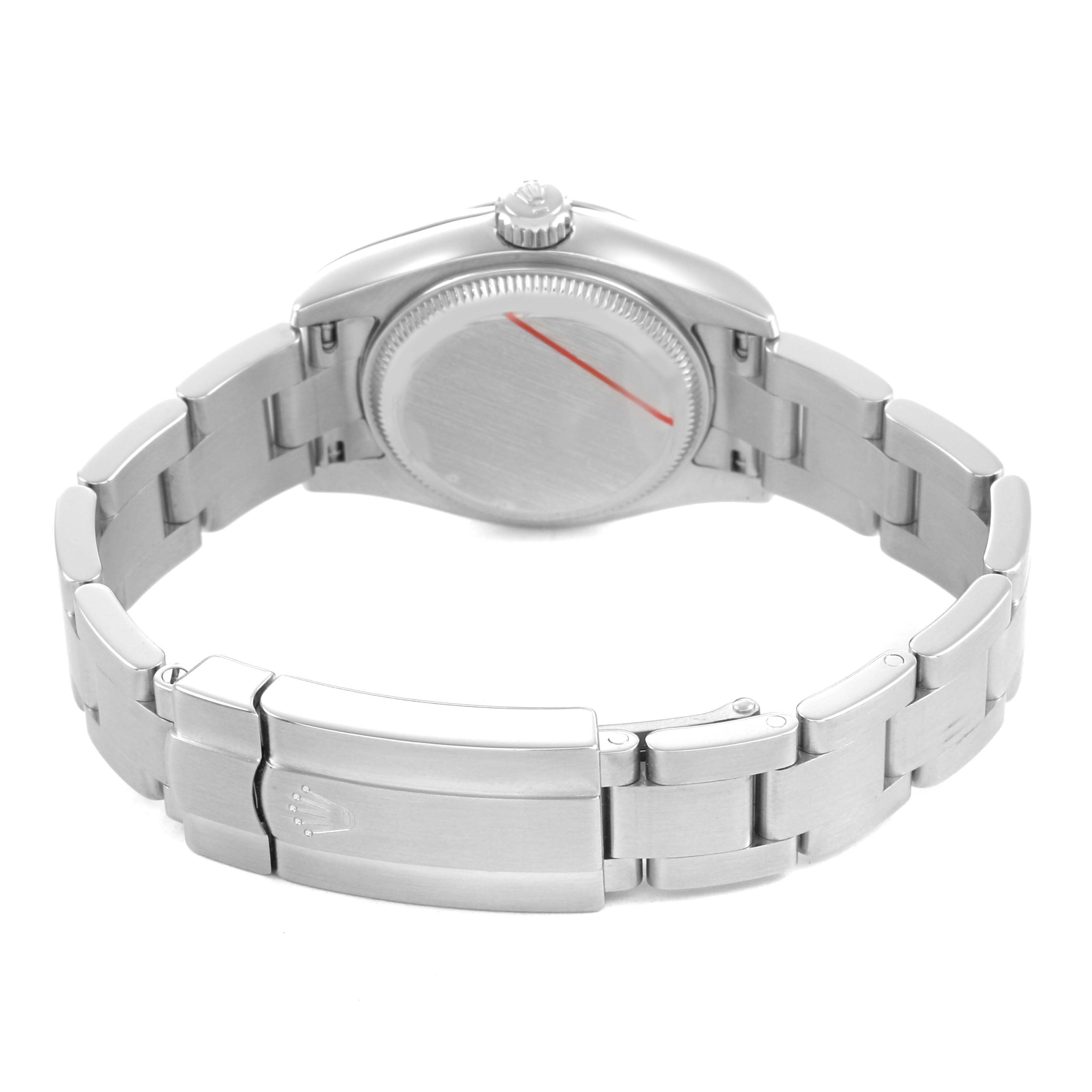 The image shows a Rolex Oyster Perpetual 176200 Women's Stainless Steel Silver Dial watch from the back, highlighting the clasp and closed case back.