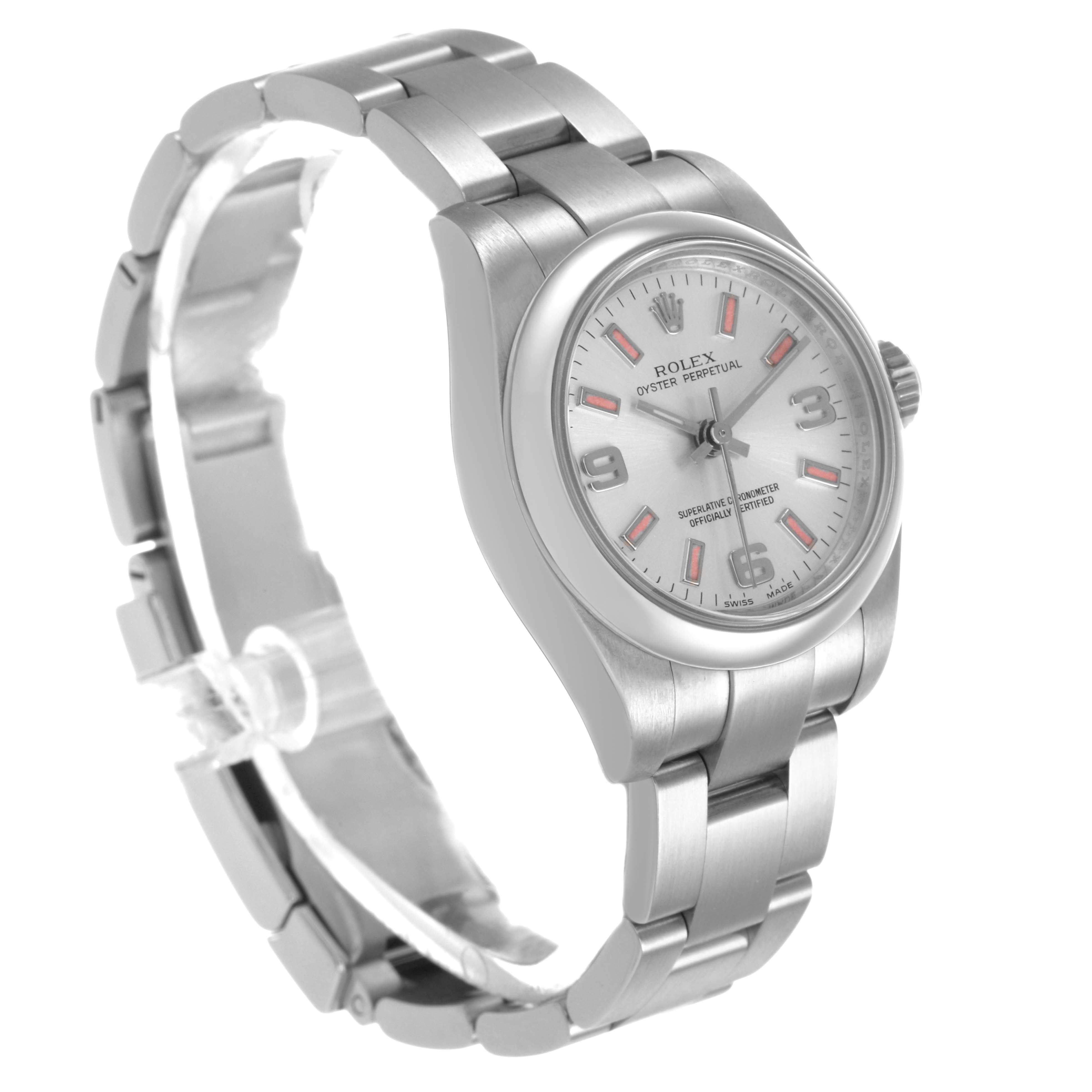The Rolex Oyster Perpetual 176200 Women's Stainless Steel Silver Dial watch is shown at a three-quarter angle, displaying the face, bezel, and bracelet.