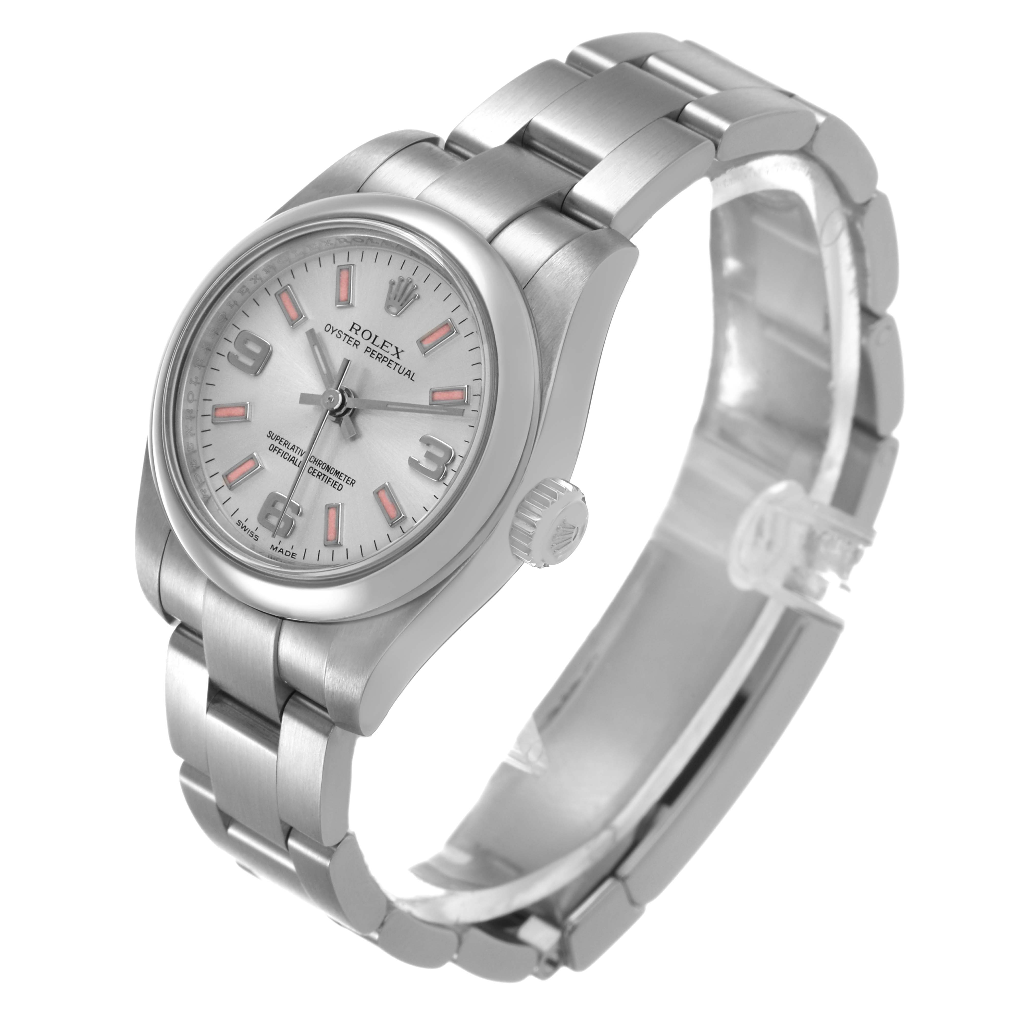 The Rolex Oyster Perpetual 176200 Women's Stainless Steel Silver Dial watch is shown at an angled side view, highlighting its face, bezel, crown, and bracelet.
