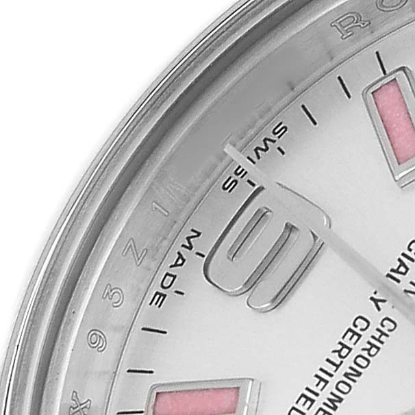 The image shows a close-up of the dial and bezel of a Rolex Oyster Perpetual 176200 Women's Stainless Steel Silver Dial watch, highlighting numerals and markers.