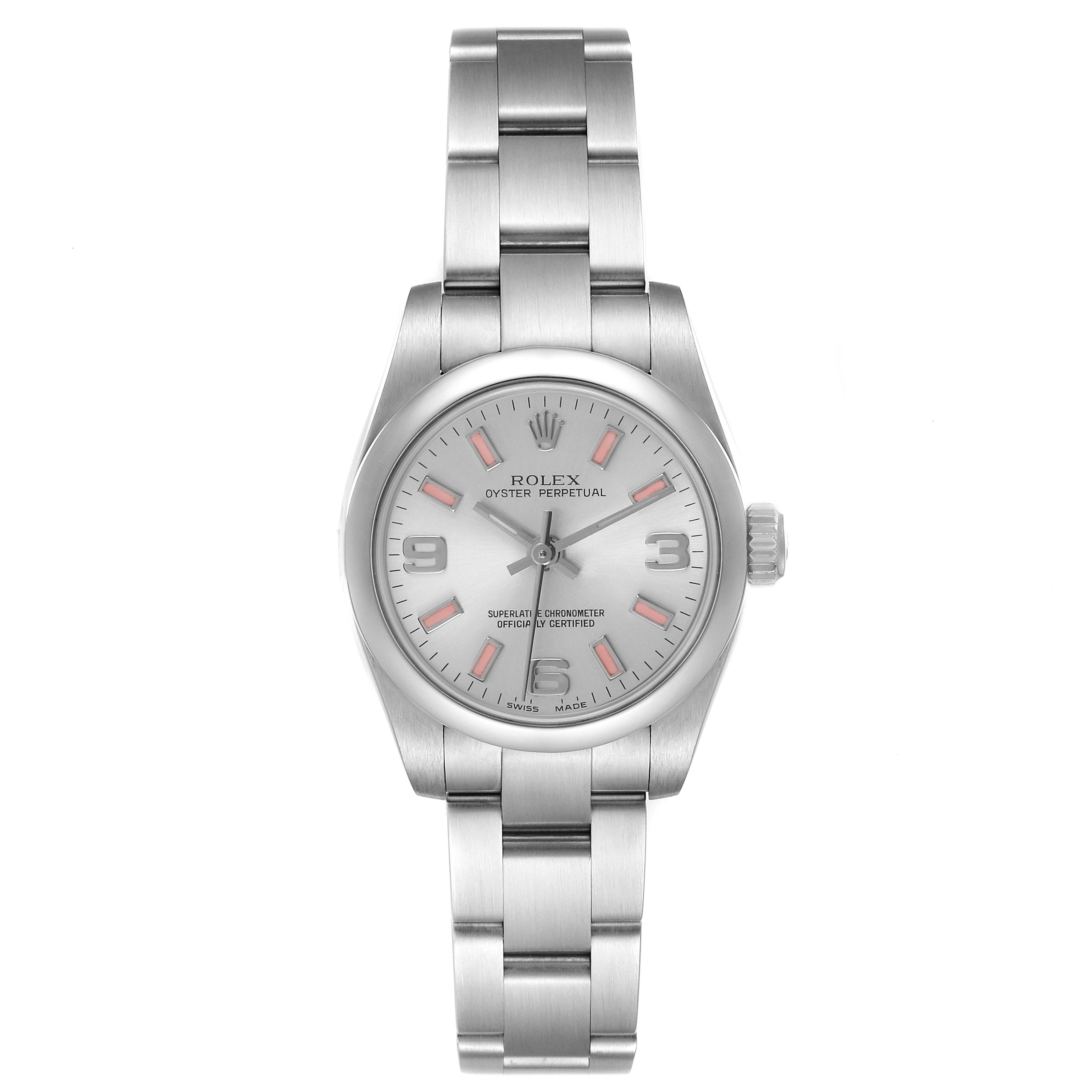 The Rolex Oyster Perpetual 176200 Women's Stainless Steel Silver Dial watch is shown from a top-down angle, displaying its face, bezel, and bracelet.