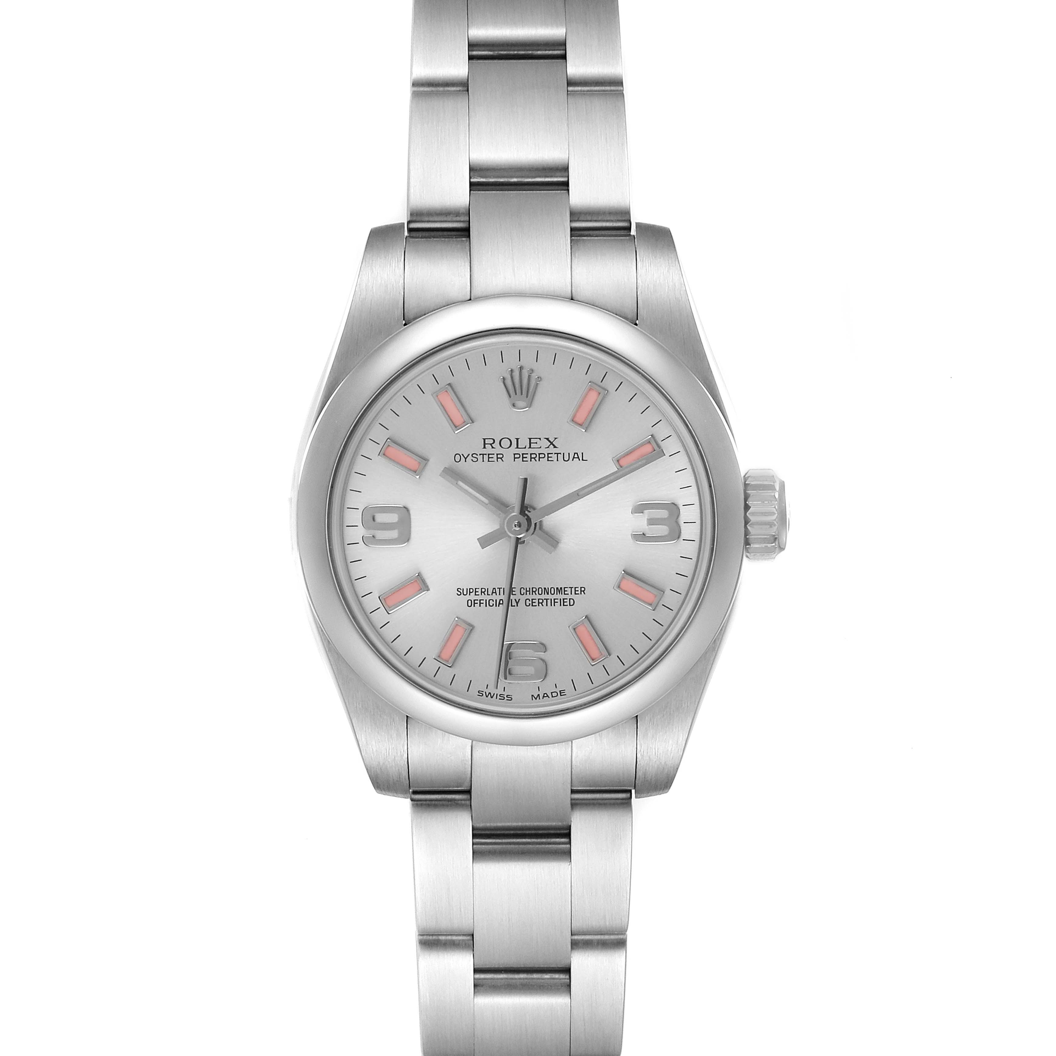The Rolex Oyster Perpetual 176200 Women's Stainless Steel Silver Dial watch is shown from a front angle, highlighting its dial, bracelet, and crown.