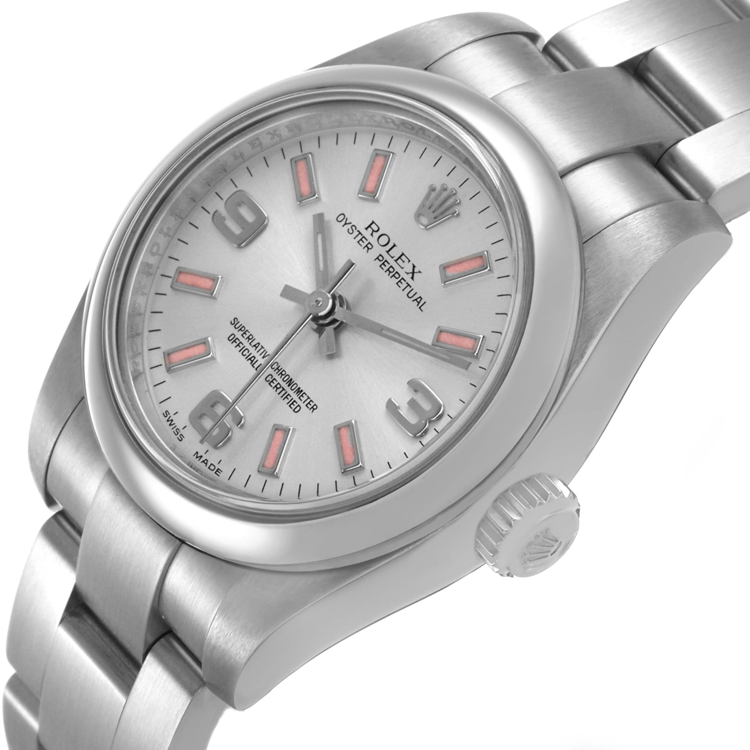 The Rolex Oyster Perpetual 176200 Women's Stainless Steel Silver Dial watch is shown at a slight angle highlighting the dial, case, bezel, crown, and bracelet.