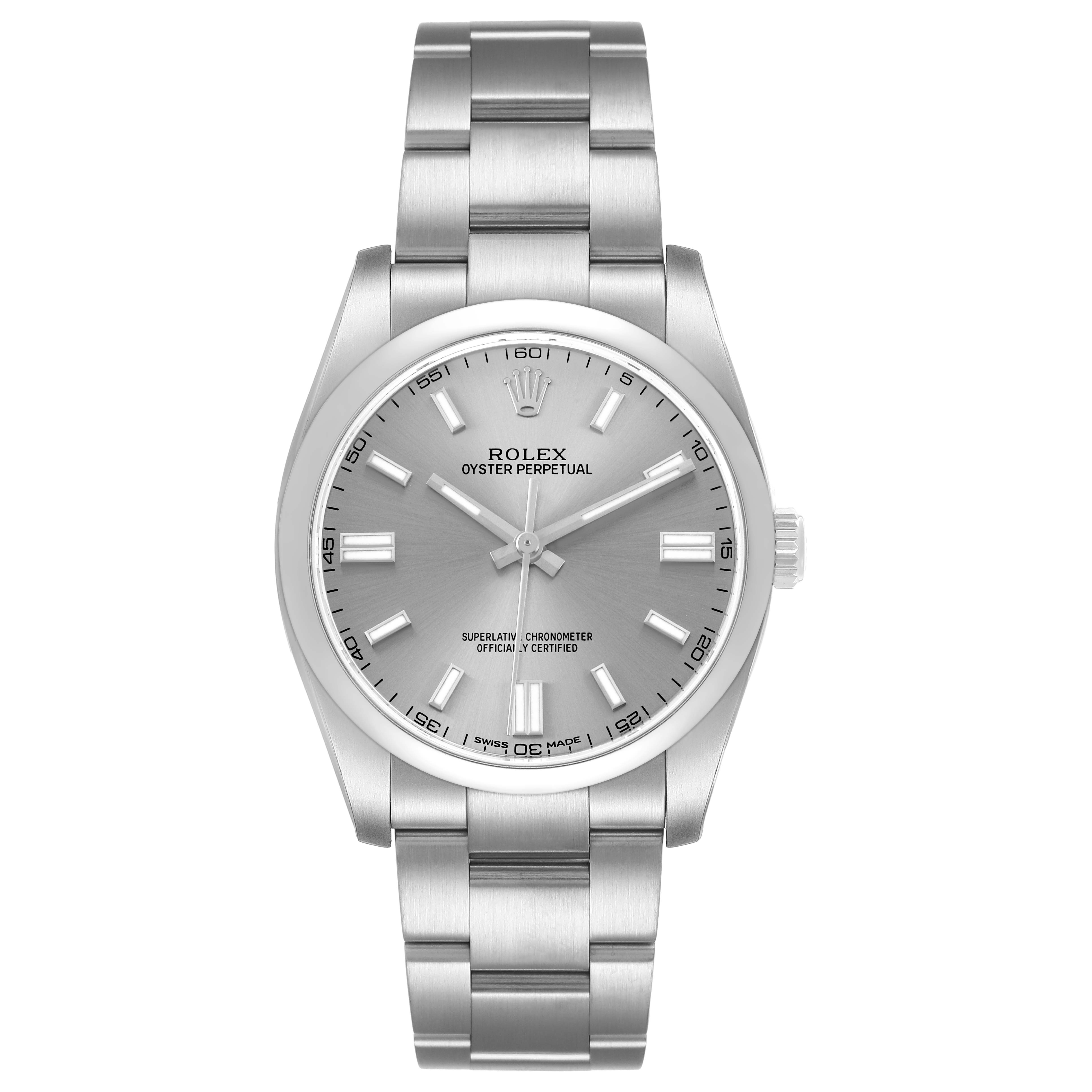The Rolex Oyster Perpetual 116000 Men's Stainless Steel Silver Dial watch is shown from a front angle, highlighting the dial, case, and bracelet.
