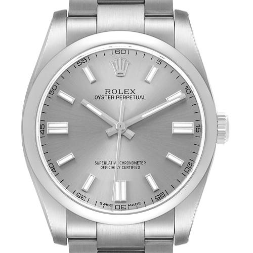 The image shows a front view of a Rolex Oyster Perpetual 116000 Men's Stainless Steel Silver Dial, highlighting the dial, bezel, and part of the bracelet.