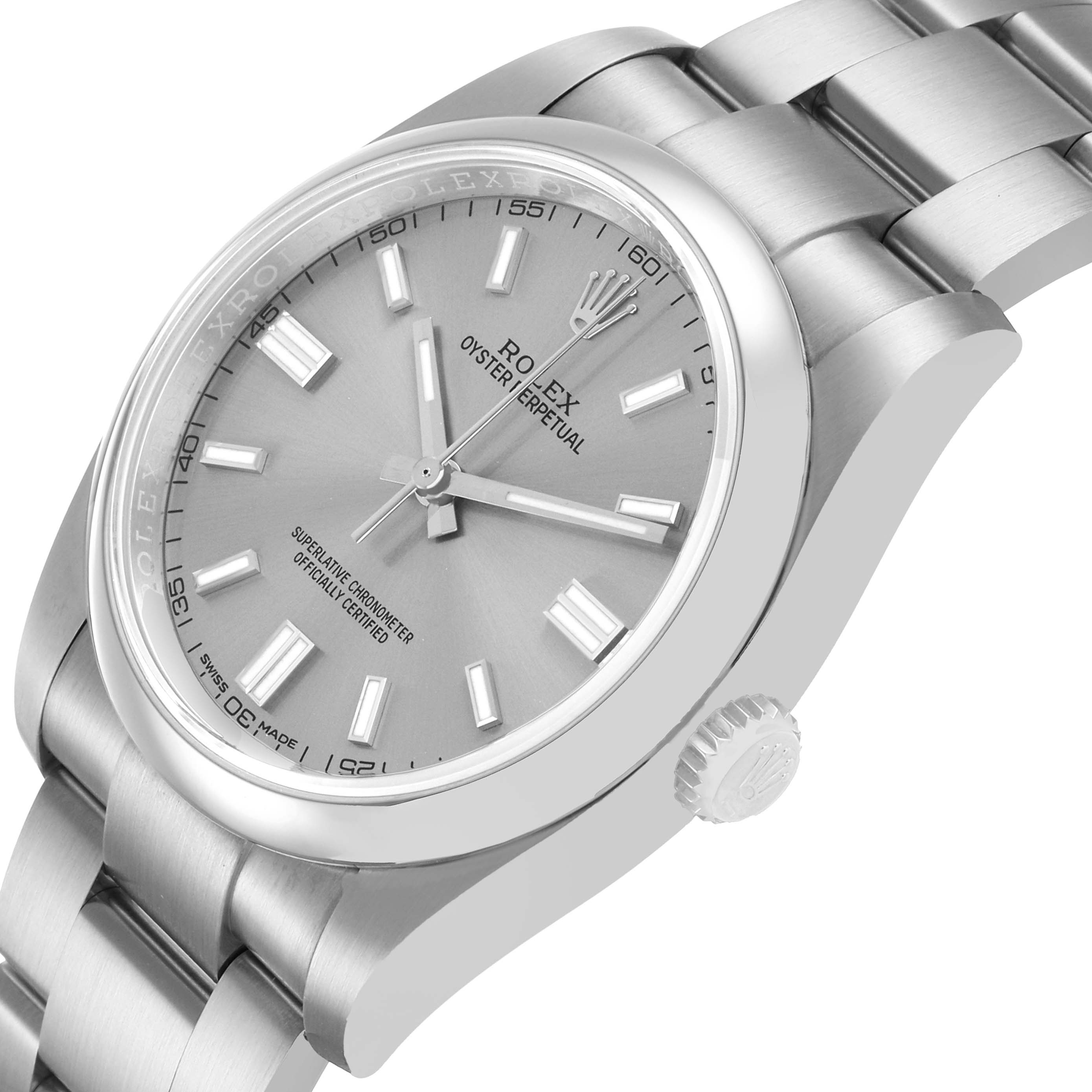 The Rolex Oyster Perpetual 116000 Men's Stainless Steel Silver Dial watch is shown at a tilted angle, displaying the watch face, bracelet, and crown.