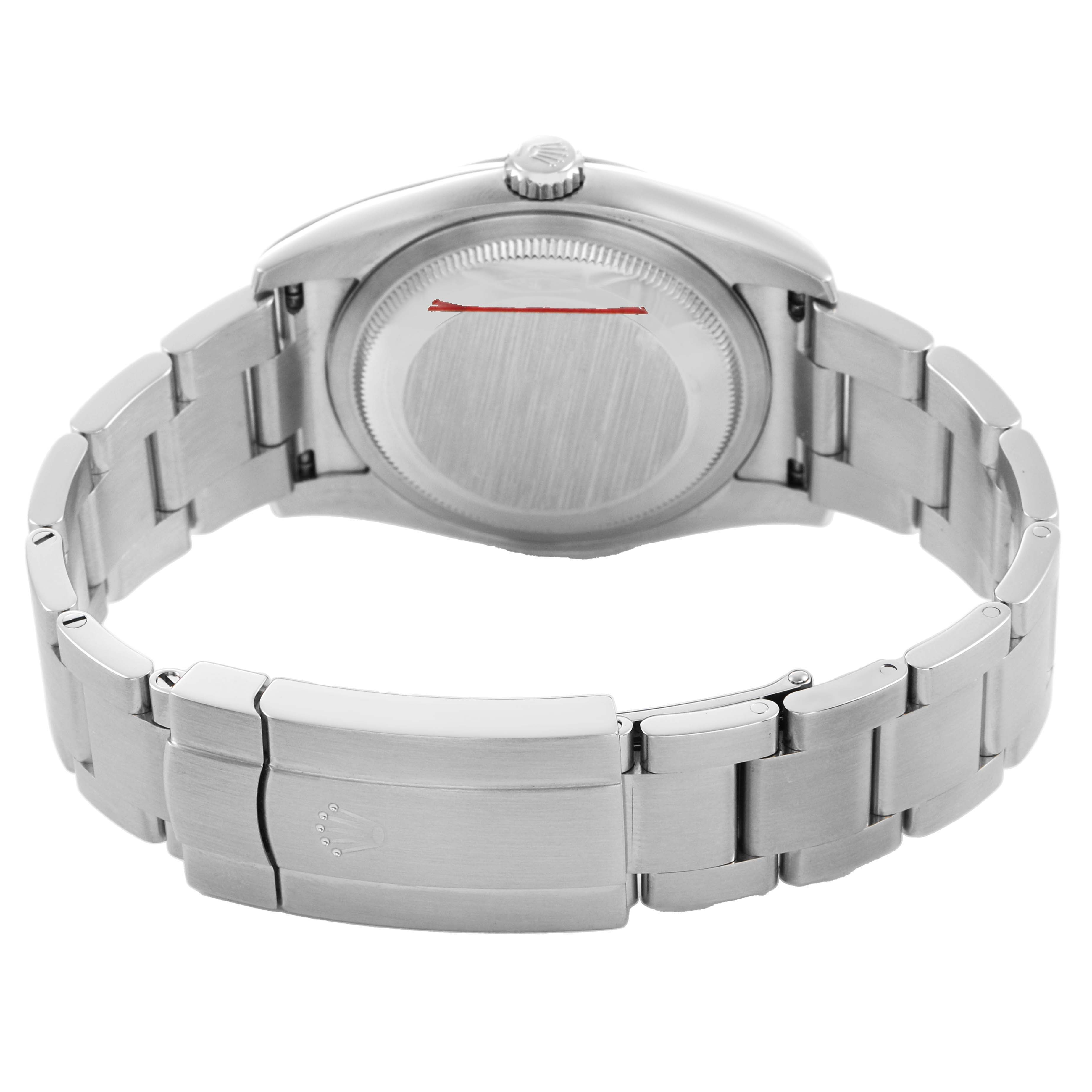 The Rolex Oyster Perpetual 116000 Men's Stainless Steel Silver Dial watch is shown from the back, highlighting the case back and metal bracelet with clasp.