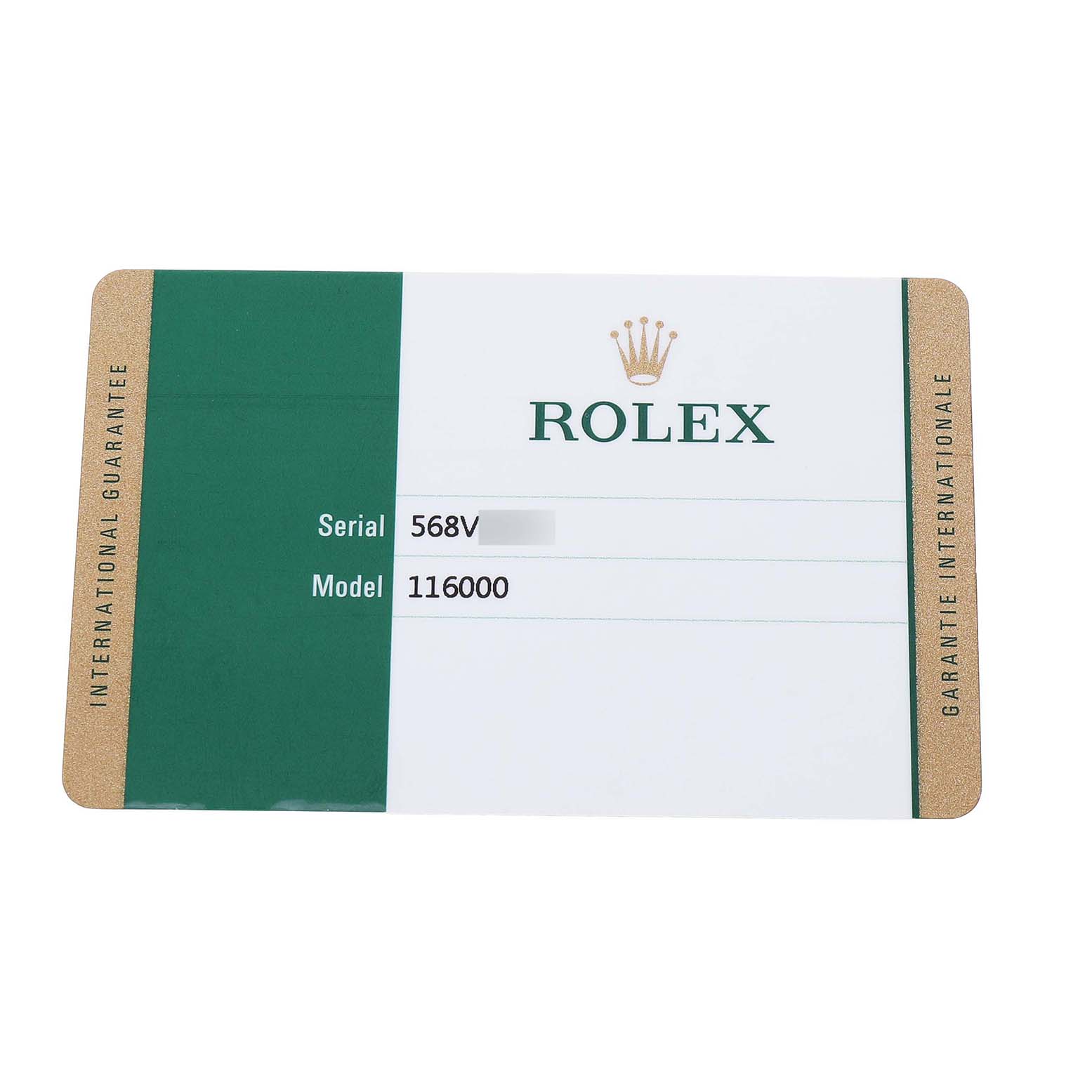 The image shows the international guarantee card for a Rolex Oyster Perpetual 116000 Men's Stainless Steel Silver Dial, model 116000.