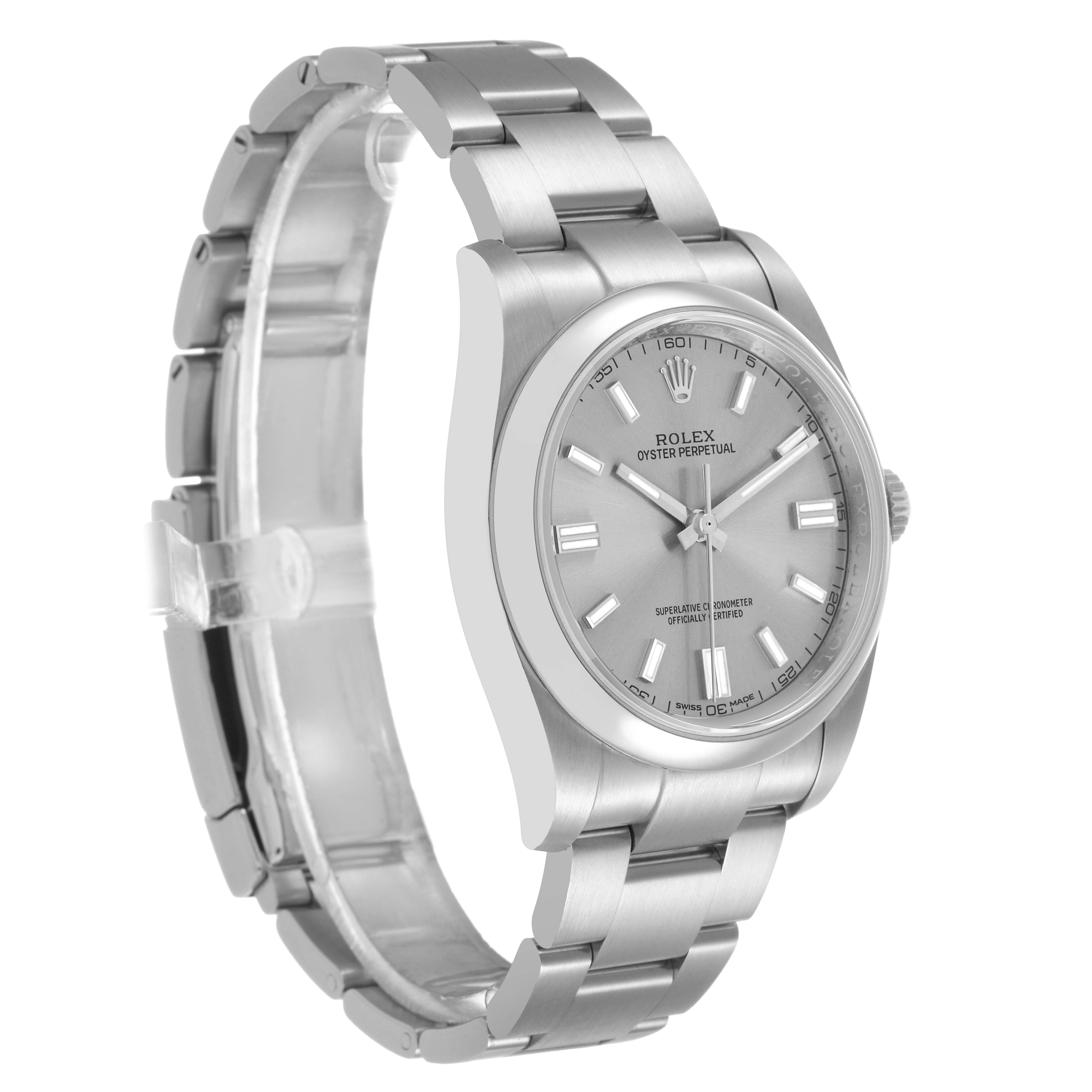 The Rolex Oyster Perpetual 116000 Men's Stainless Steel Silver Dial watch is shown at a three-quarter angle, displaying its face, bracelet, and crown.