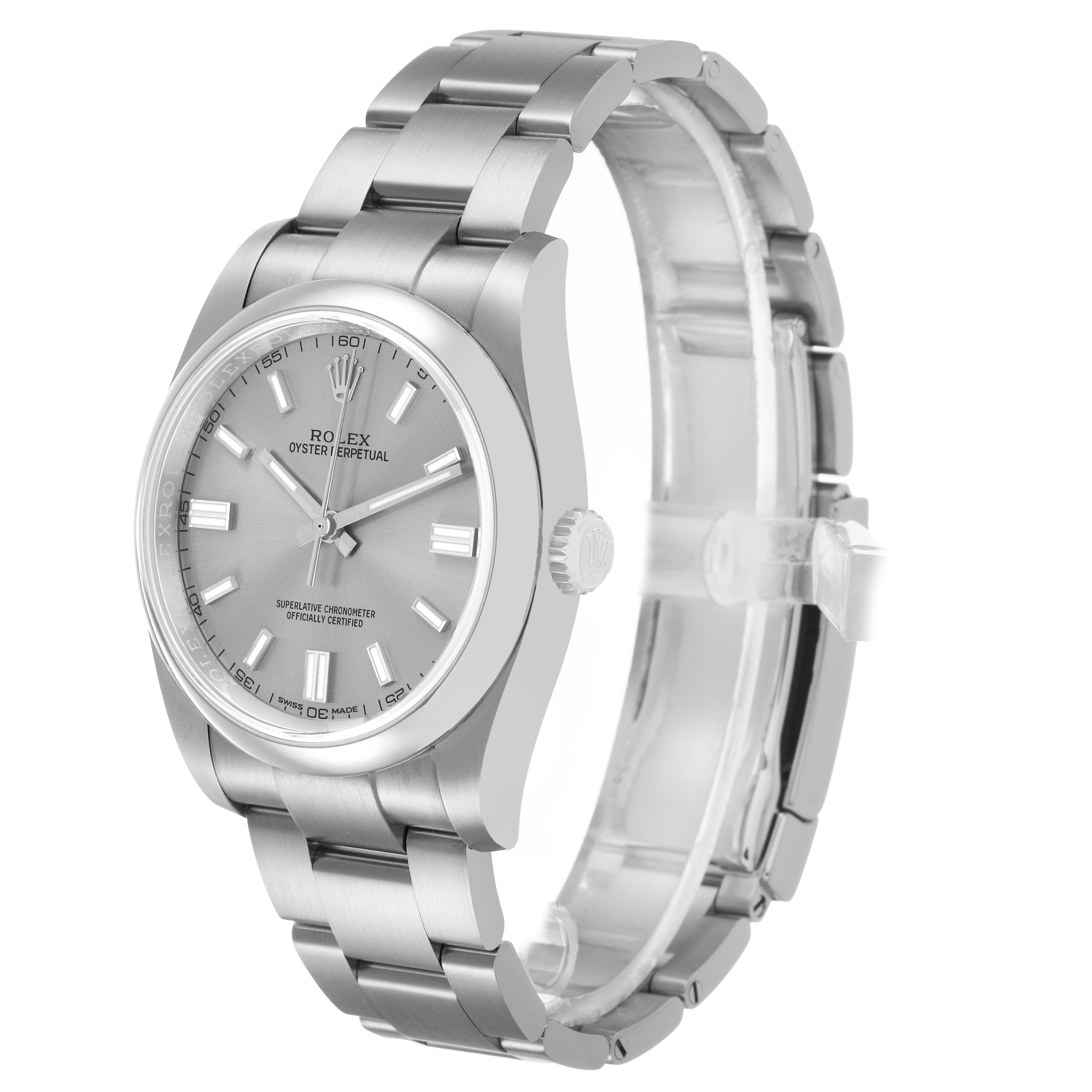 The Rolex Oyster Perpetual 116000 Men's Stainless Steel Silver Dial watch is shown at a three-quarter angle, displaying the dial, case, bracelet, and crown.
