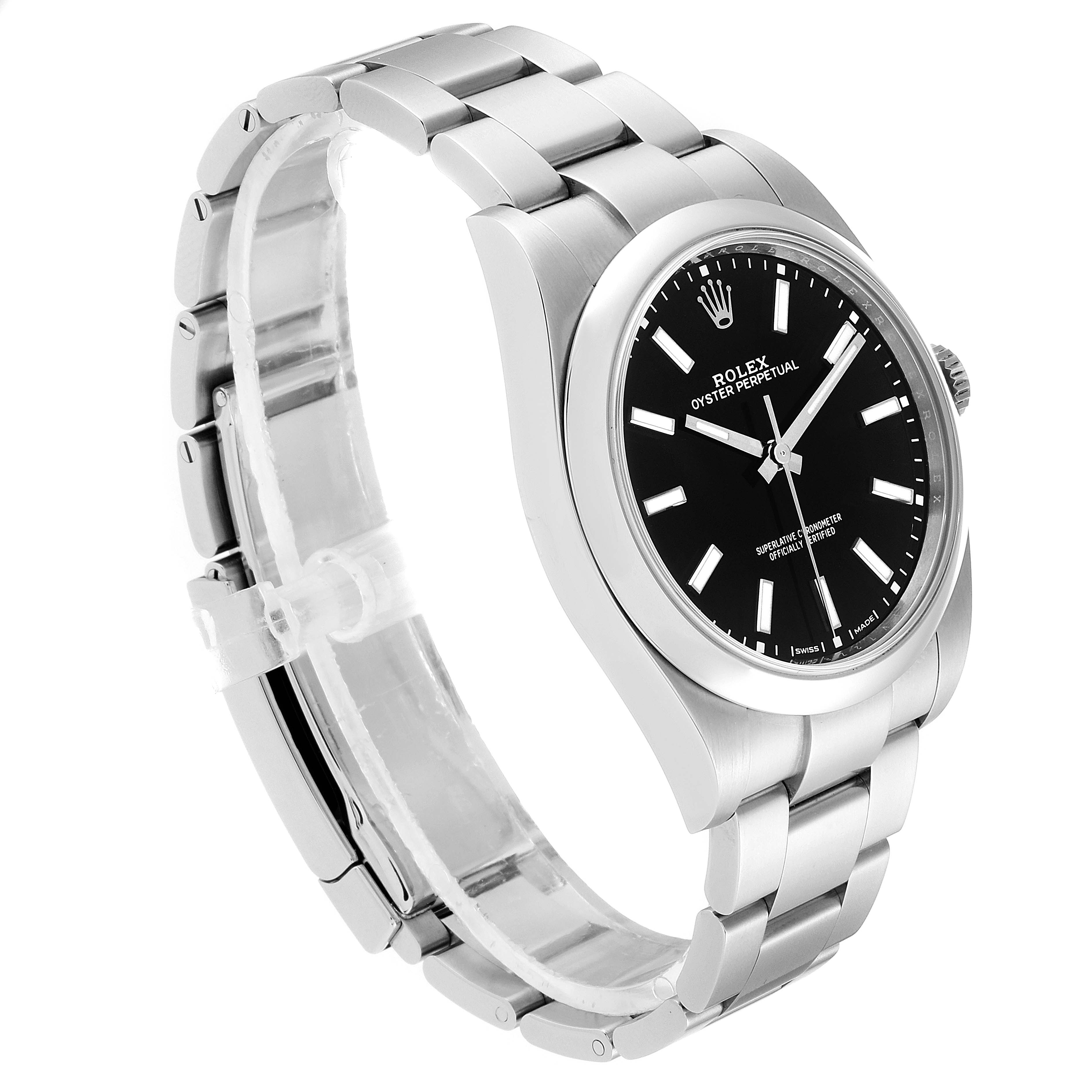 The image shows a side and partial top view of a Rolex Oyster Perpetual 114300 Men's Stainless Steel Black Dial 114300 Men's Stainless Steel Black Dial watch, highlighting its bracelet, case, and dial.