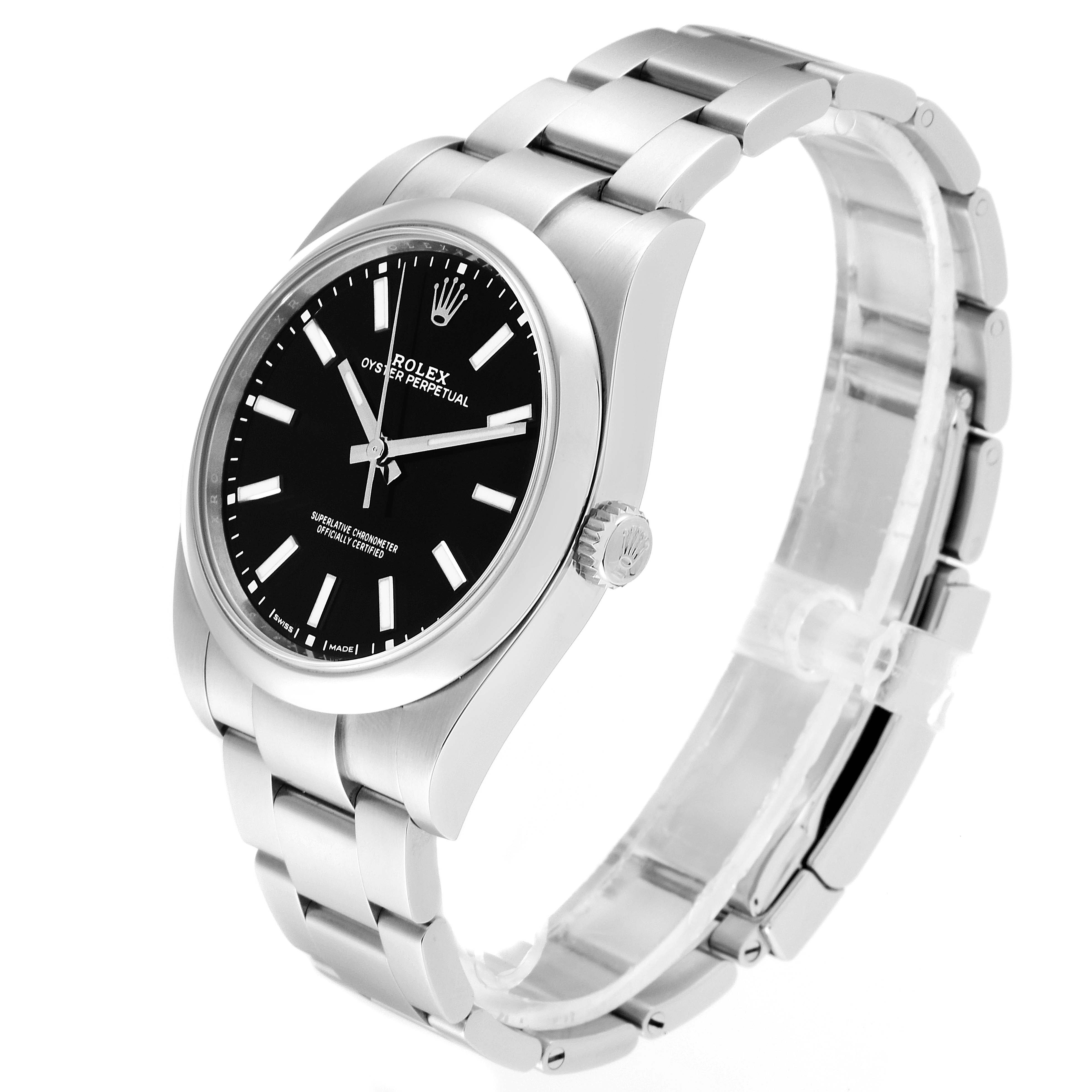 The Rolex Oyster Perpetual 114300 Men's Stainless Steel Black Dial 114300 Men's Stainless Steel Black Dial watch is shown in a three-quarter angle displaying its face, bezel, crown, and bracelet.