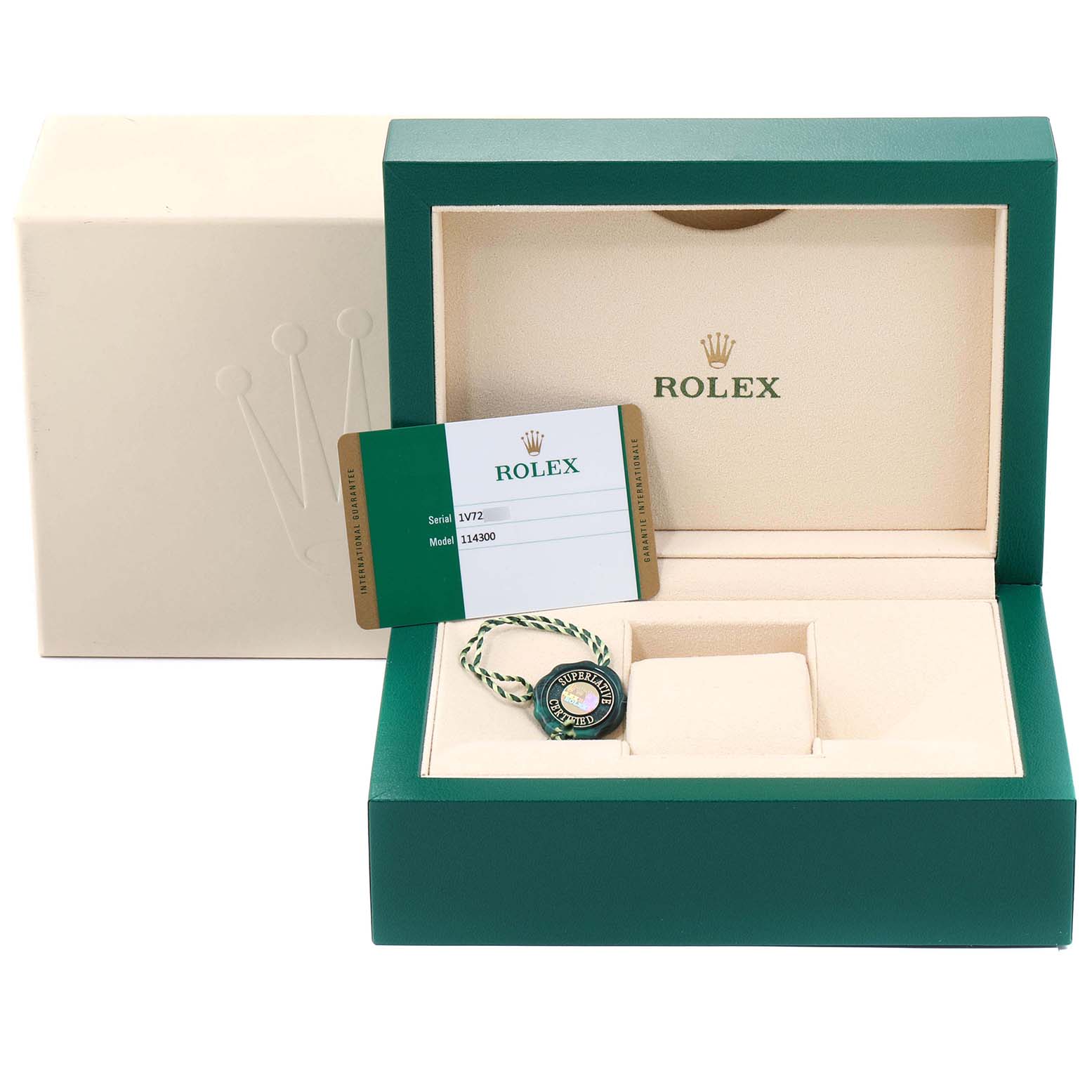 This image shows the packaging and authenticity card for a Rolex Oyster Perpetual 114300 Men's Stainless Steel Black Dial 114300 Men's Stainless Steel Black Dial watch model 114300.