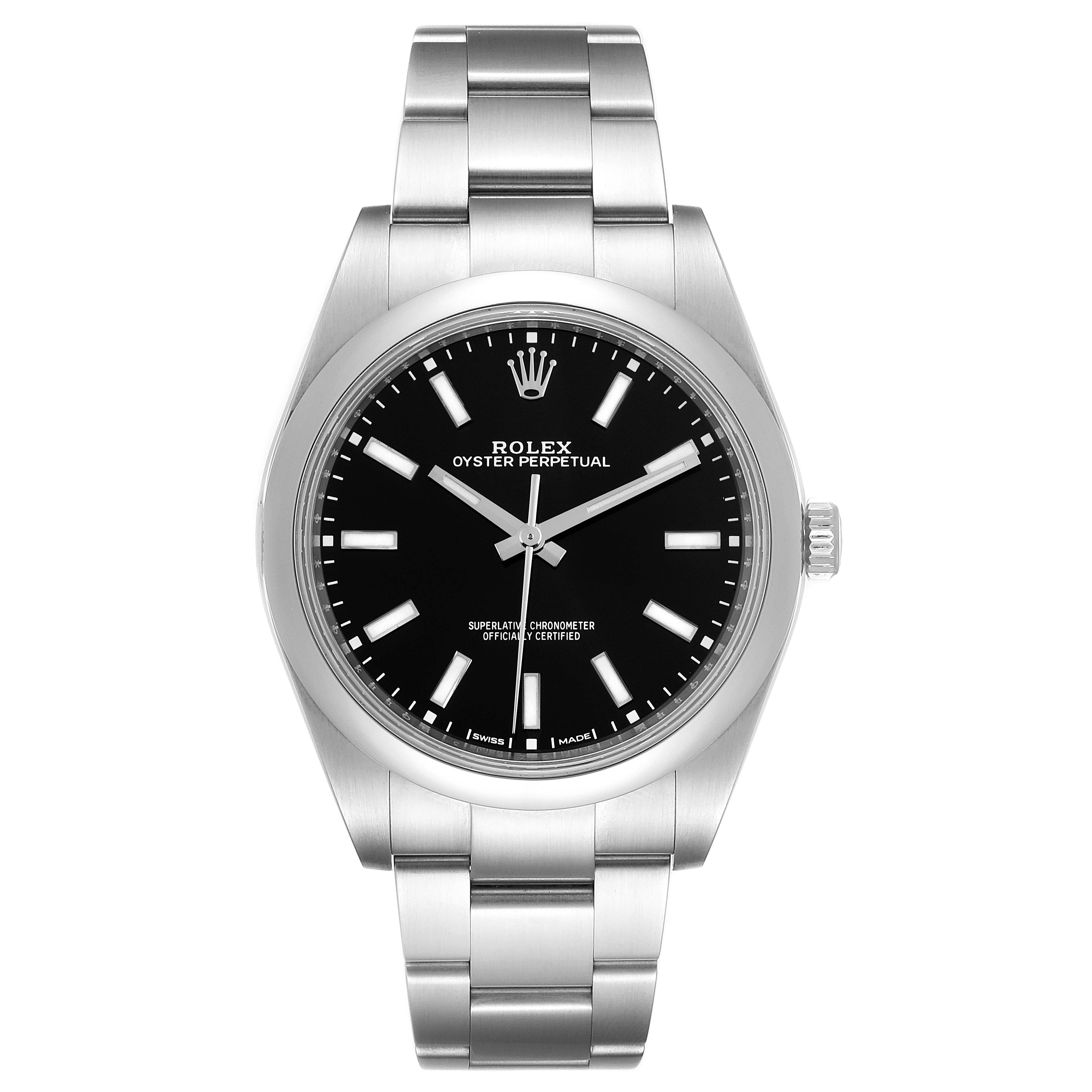 The image shows a front view of the Rolex Oyster Perpetual 114300 Men's Stainless Steel Black Dial 114300 Men's Stainless Steel Black Dial watch, displaying the dial, hands, case, and bracelet.