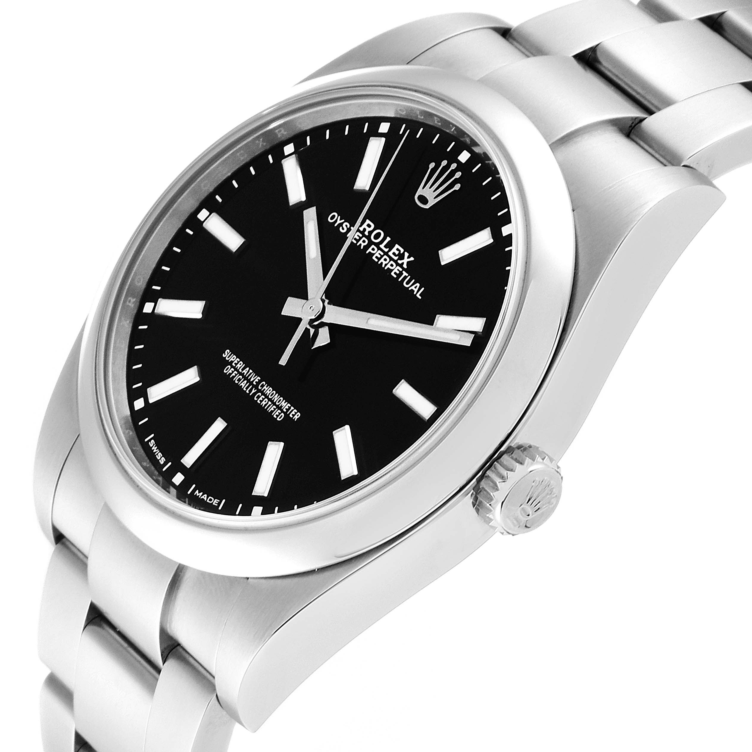 The image shows a side and partial top view of the Rolex Oyster Perpetual 114300 Men's Stainless Steel Black Dial 114300 Men's Stainless Steel Black Dial watch, highlighting the black dial, crown, and stainless steel bracelet.