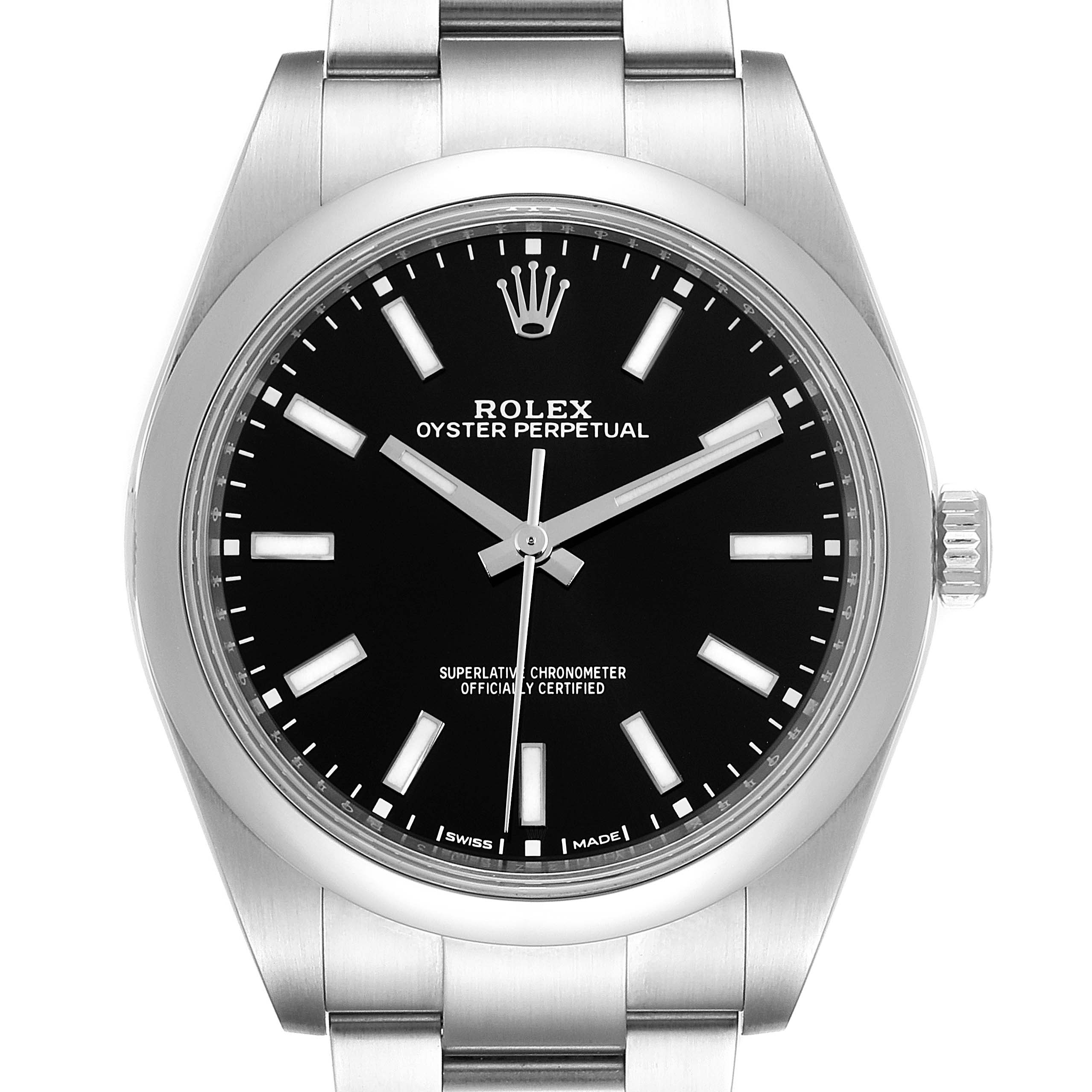 This image shows a front view of the Rolex Oyster Perpetual 114300 Men's Stainless Steel Black Dial 114300 Men's Stainless Steel Black Dial watch, highlighting its black dial, silver markers, and stainless steel bracelet.