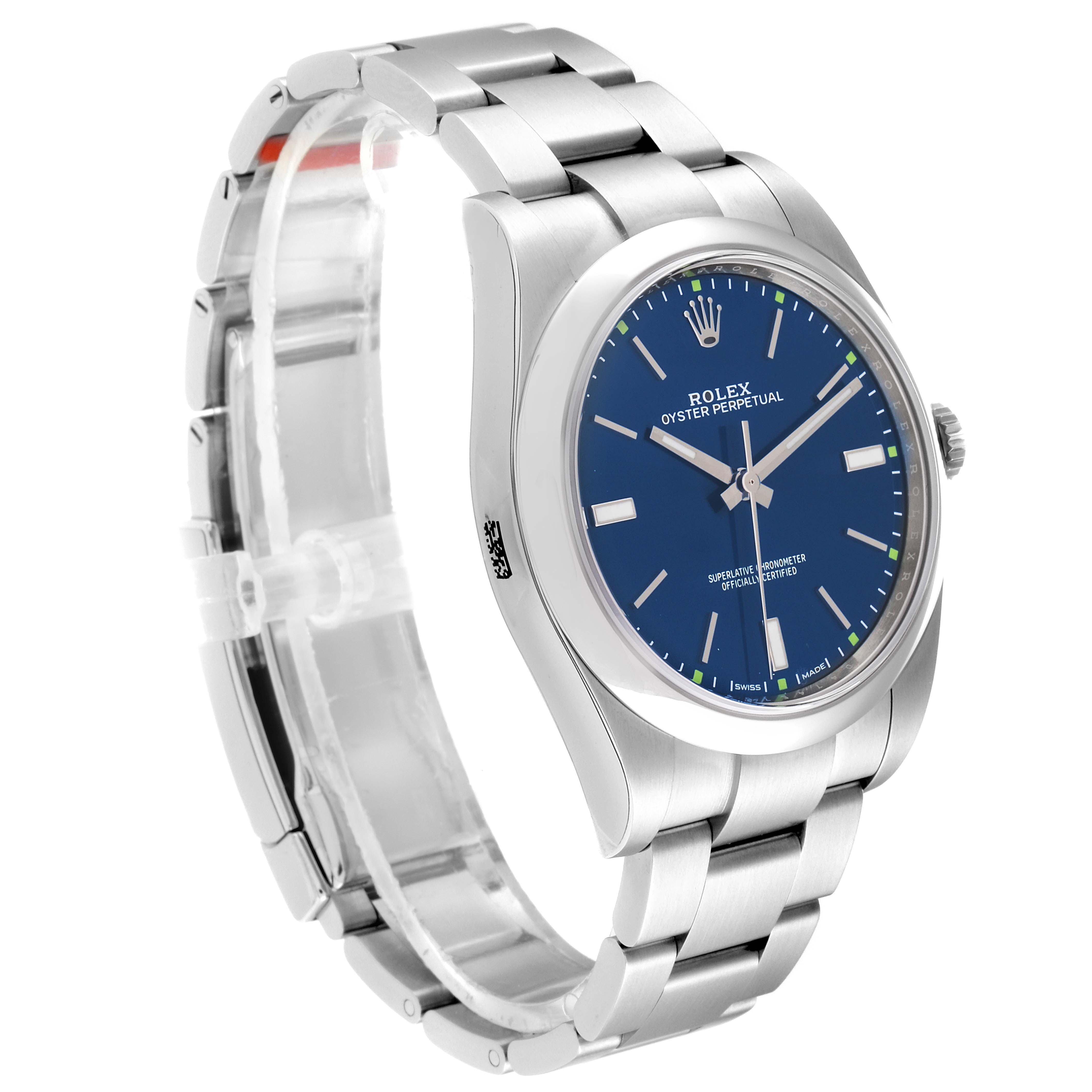 The image shows a side-angle view of a Rolex Oyster Perpetual 114300 Men's Stainless Steel Blue Dial 114300 Men's Stainless Steel Blue Dial watch with its bracelet visible.