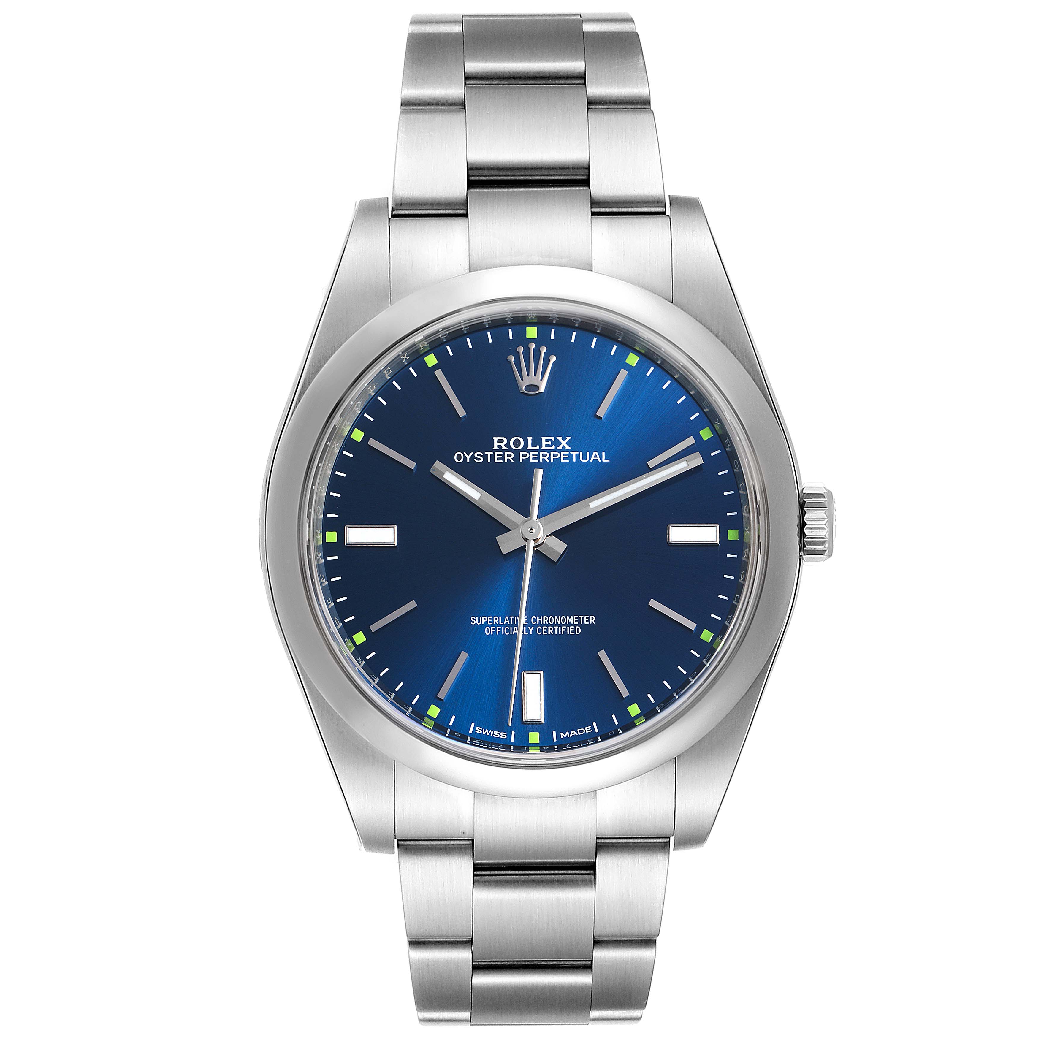 This is a front view of a Rolex Oyster Perpetual 114300 Men's Stainless Steel Blue Dial 114300 Men's Stainless Steel Blue Dial watch, showing the face, bezel, crown, and bracelet.