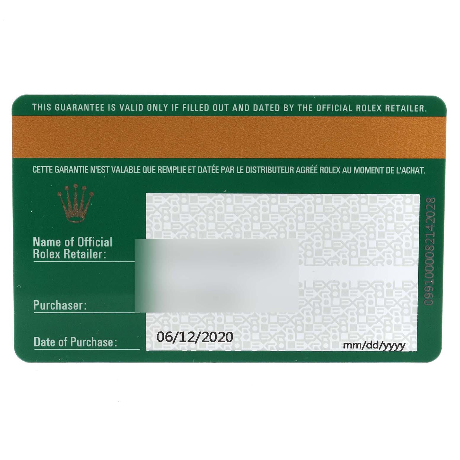 This image shows the warranty card for a Rolex Oyster Perpetual 114300 Men's Stainless Steel Blue Dial 114300 Men's Stainless Steel Blue Dial watch, highlighting purchase details and retailer information.