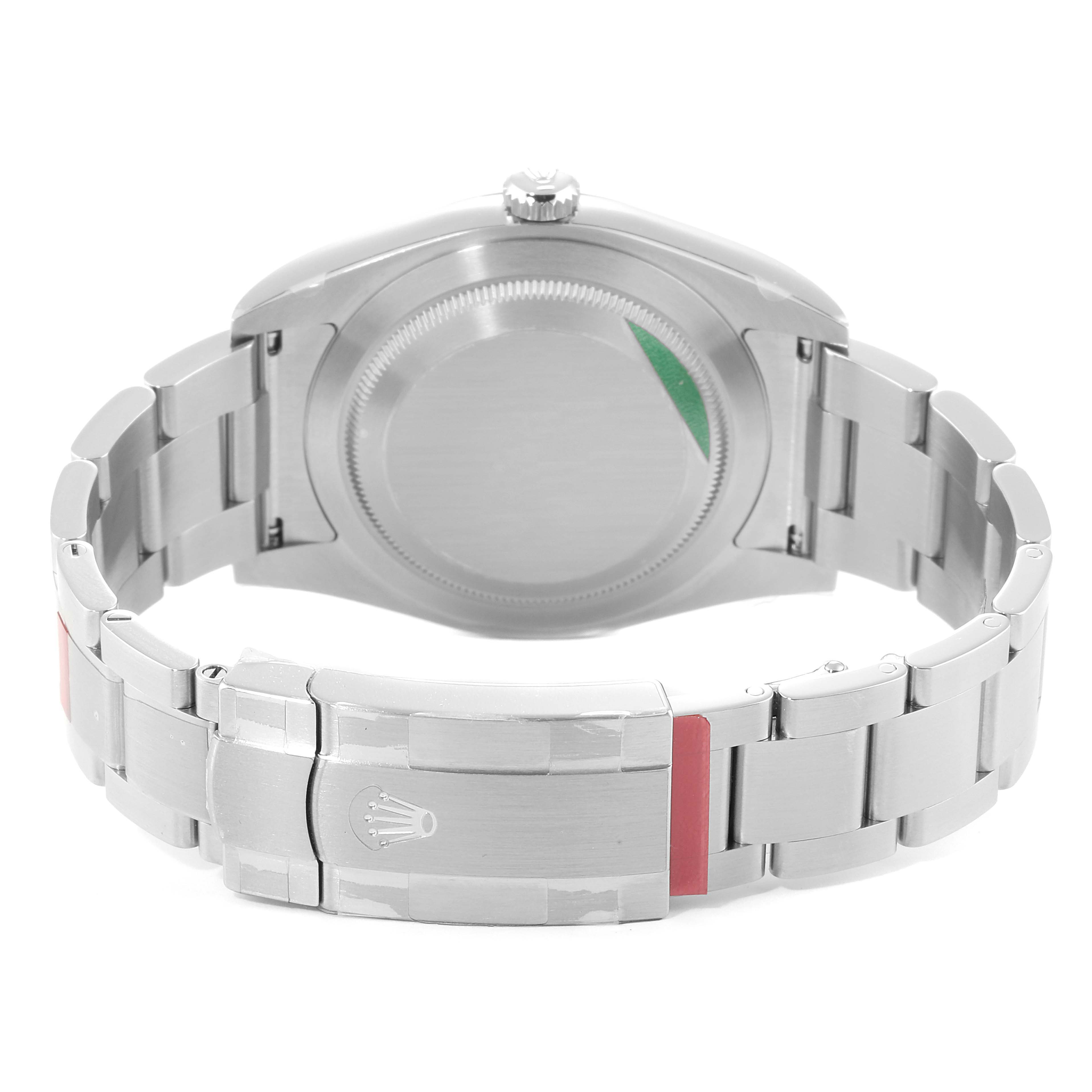 The image shows the back of a Rolex Oyster Perpetual 114300 Men's Stainless Steel Blue Dial 114300 Men's Stainless Steel Blue Dial watch, featuring the case back and clasp with the Rolex logo.