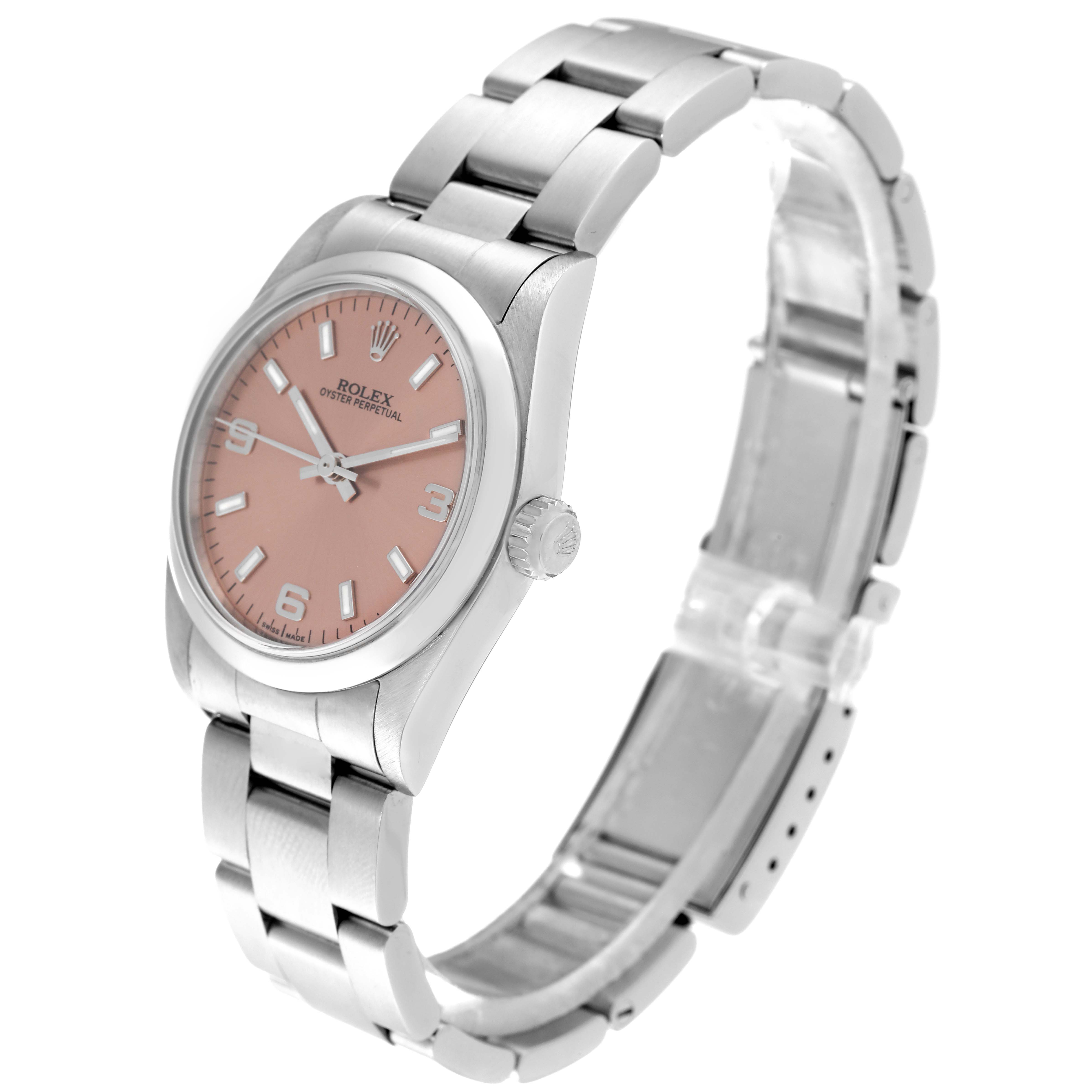 This image shows a side angle of a Mid-Size Rolex Oyster Perpetual, highlighting the dial, bezel, crown, and bracelet.