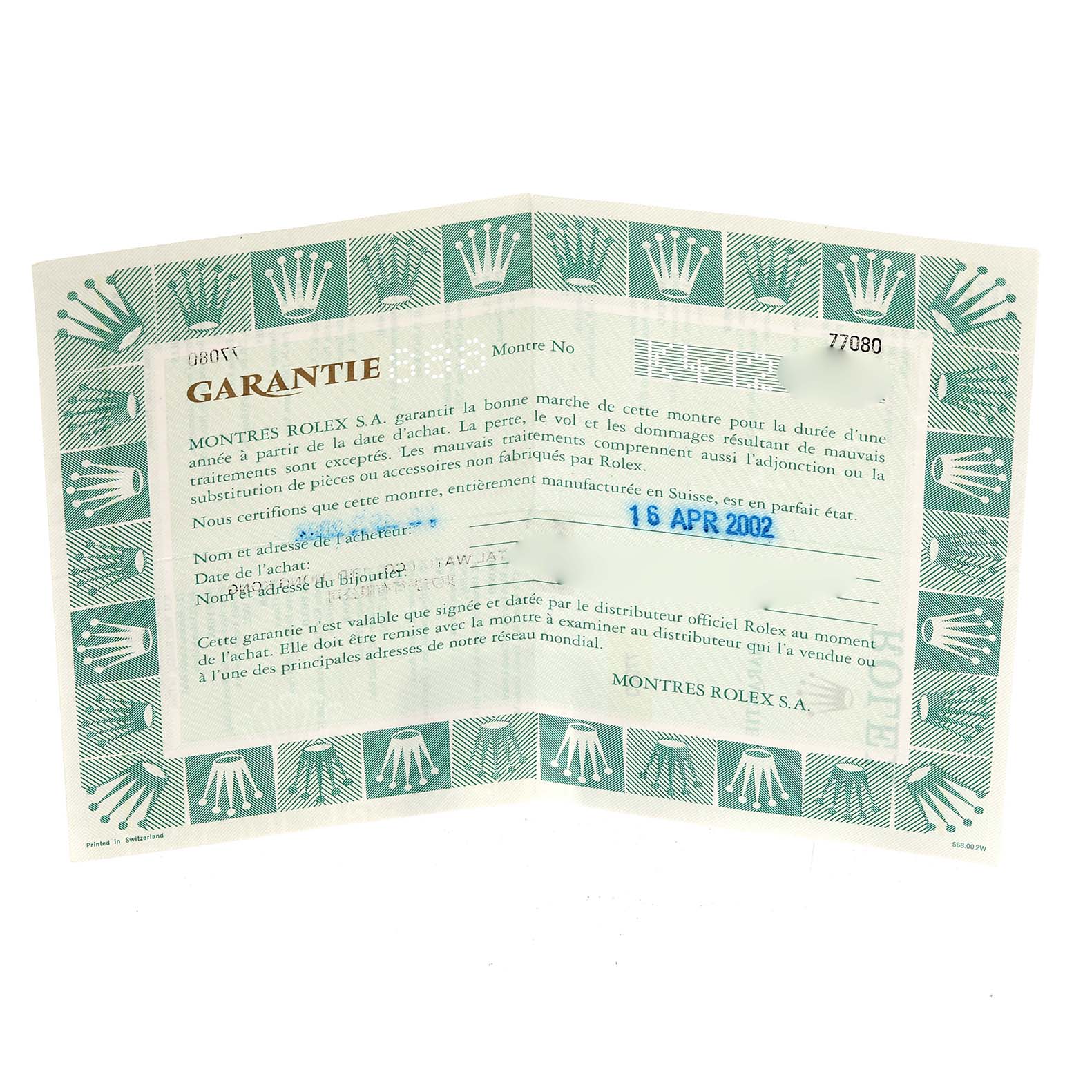 This image shows the warranty certificate for a Mid-Size Rolex watch, dated April 16, 2002.