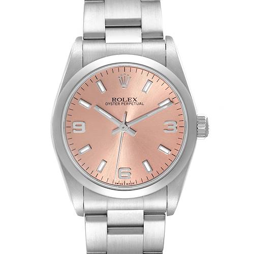 The Rolex Mid-Size Oyster Perpetual watch is shown from a front angle, displaying its face, bezel, and part of the bracelet.