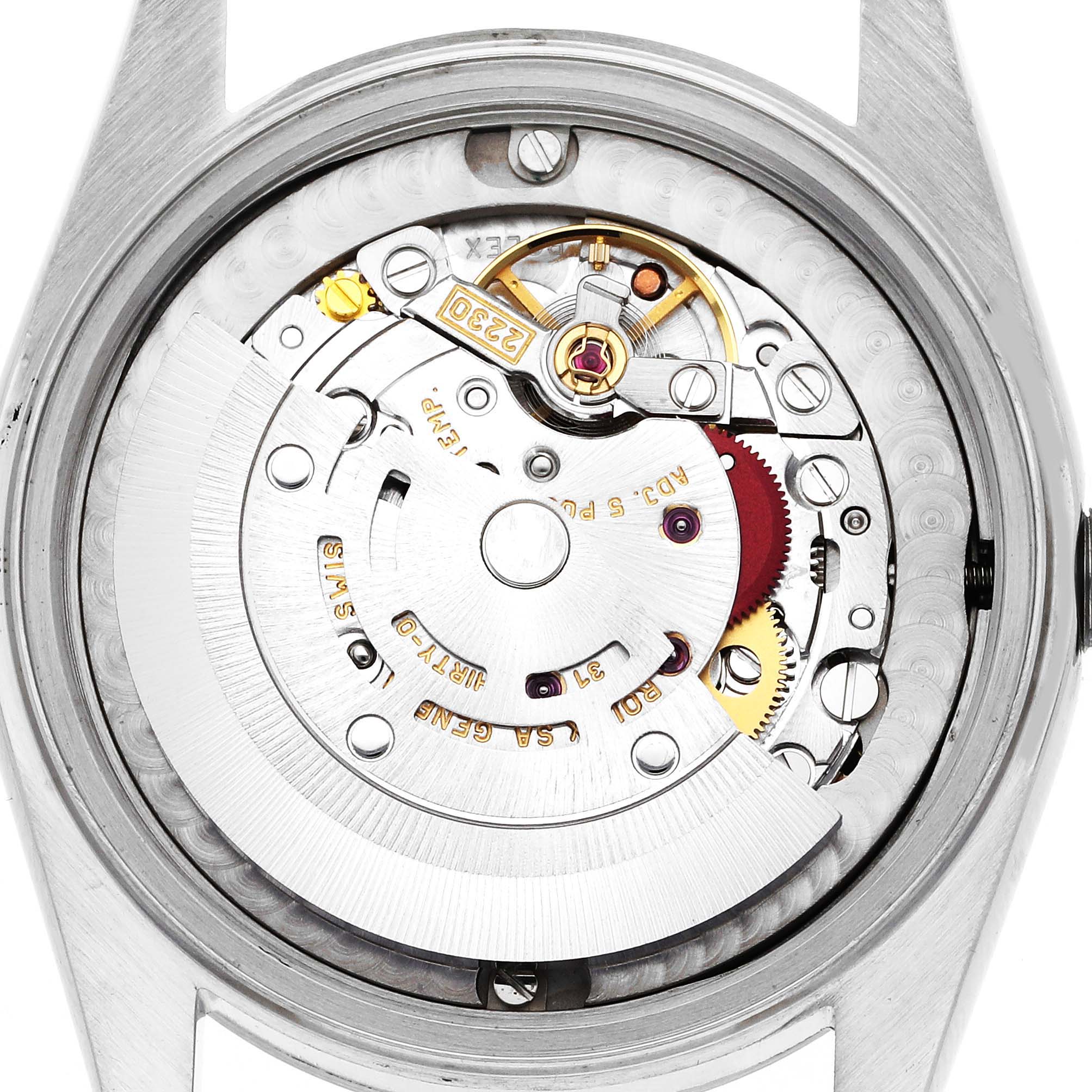 This is an image showing the inner mechanical movement of a Mid-Size Rolex watch, viewed from the back with the case back removed.
