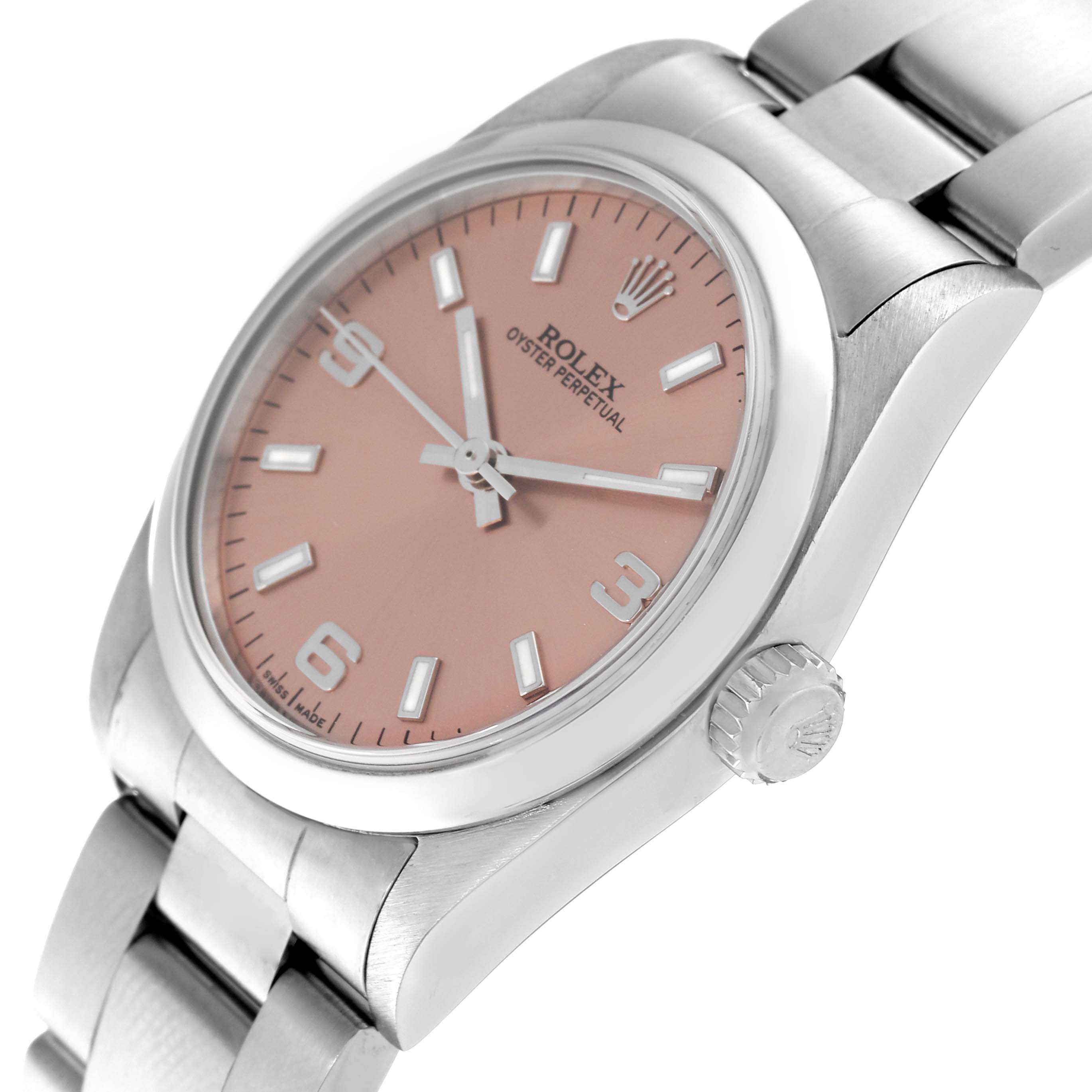 The image shows a close-up angle of a Rolex Mid-Size 77080 Women's Stainless Steel Pink Dial 77080 Women's Stainless Steel Pink Dial Oyster Perpetual watch, highlighting its dial, crown, and bracelet.