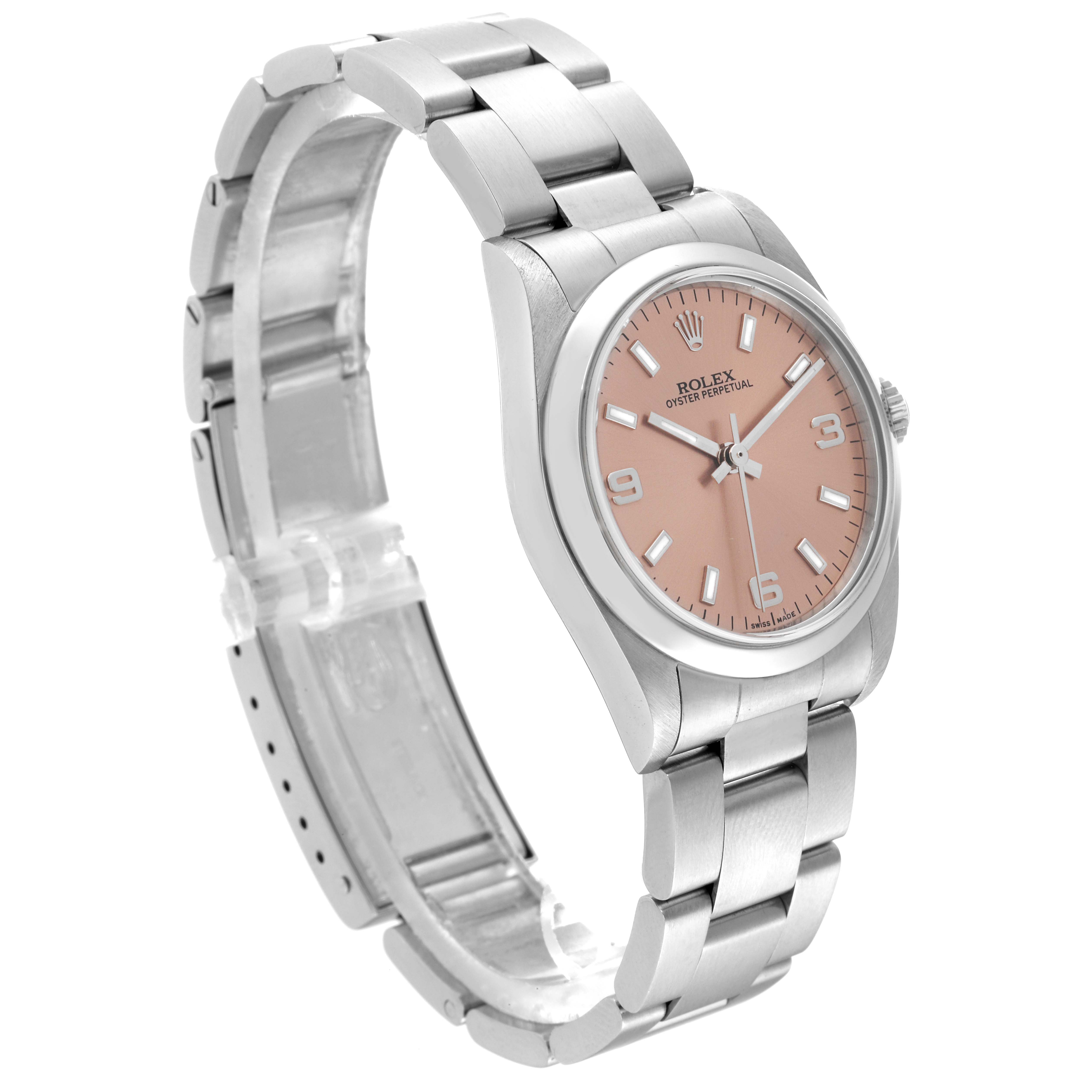 The Rolex Mid-Size 77080 Women's Stainless Steel Pink Dial 77080 Women's Stainless Steel Pink Dial model watch is shown at a three-quarter angle displaying its bracelet, case, dial, and crown.