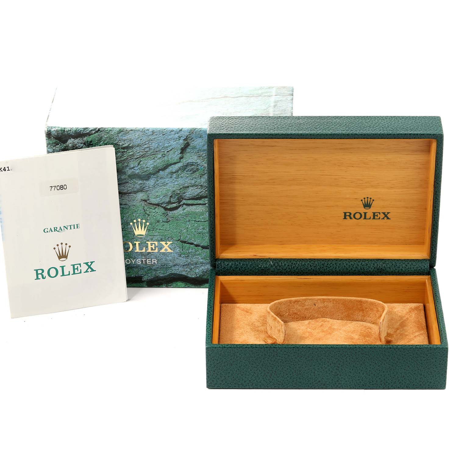 The image shows an open green Rolex box with a cushioned insert, a green Rolex Oyster outer box, and a Rolex guarantee booklet.