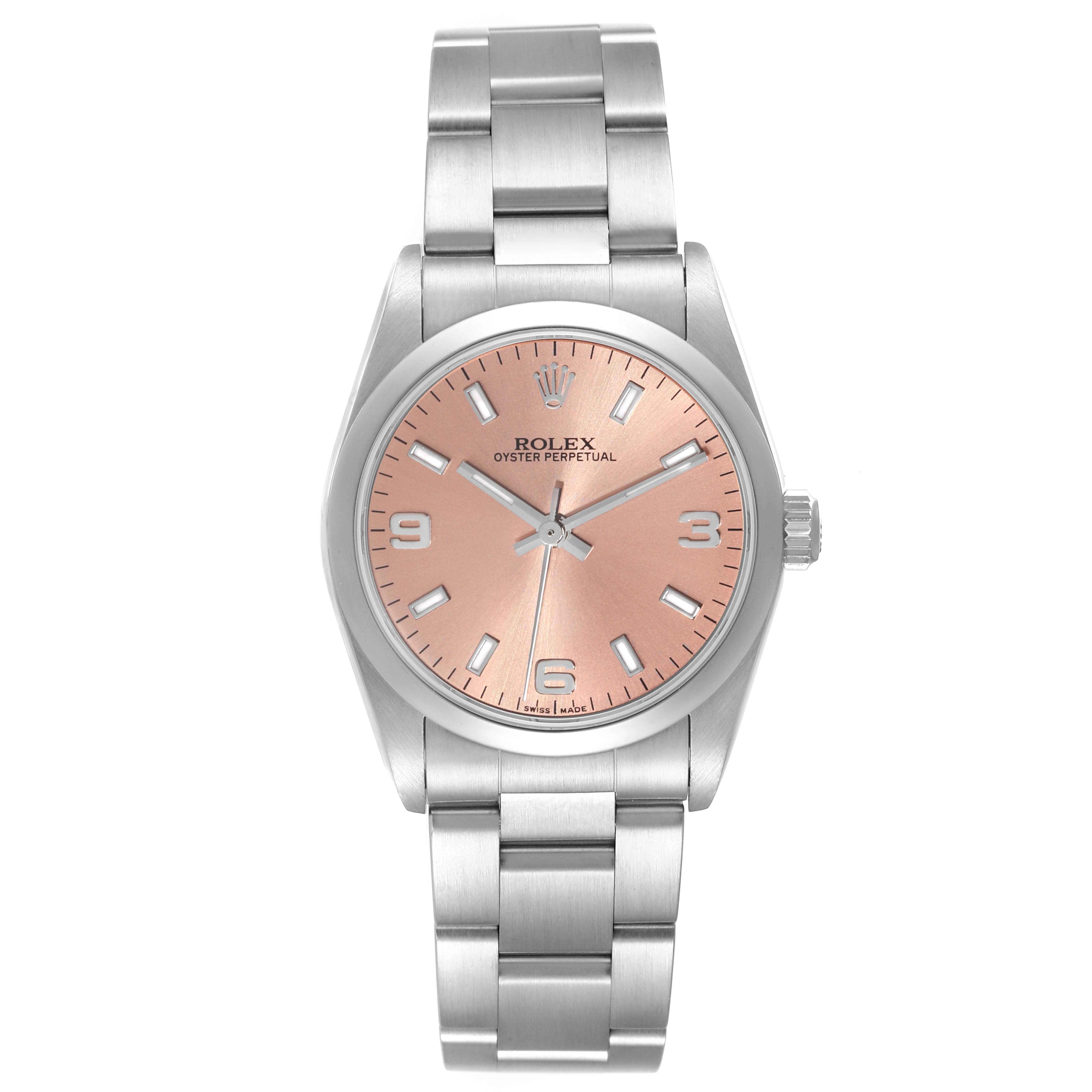 The image shows a front view of a Rolex Mid-Size 77080 Women's Stainless Steel Pink Dial 77080 Women's Stainless Steel Pink Dial Oyster Perpetual watch with a pink dial and a stainless steel bracelet.