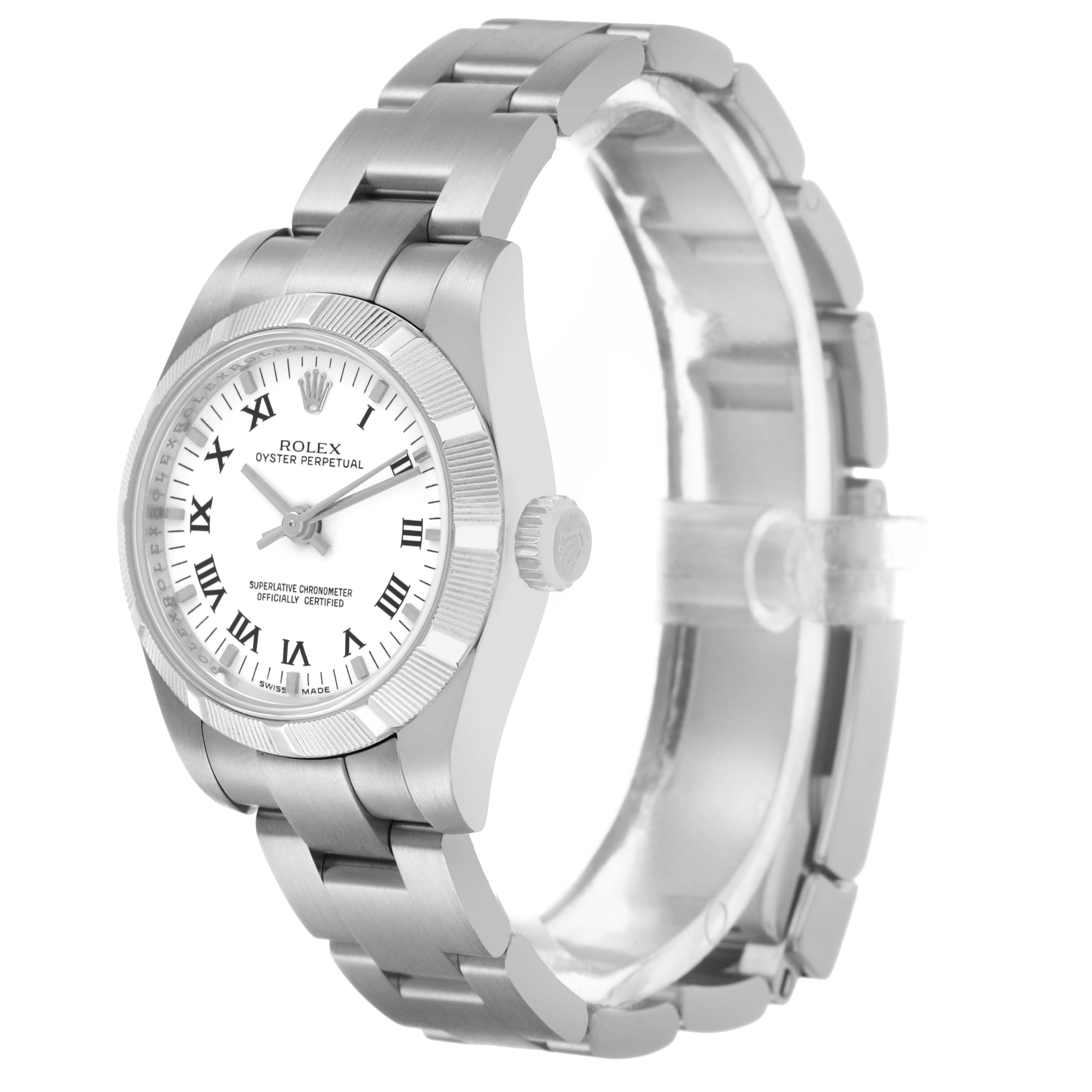 The Rolex Oyster Perpetual 176210 Women's Stainless Steel White Dial watch is shown at a three-quarter angle displaying the dial, bezel, crown, and part of the bracelet.