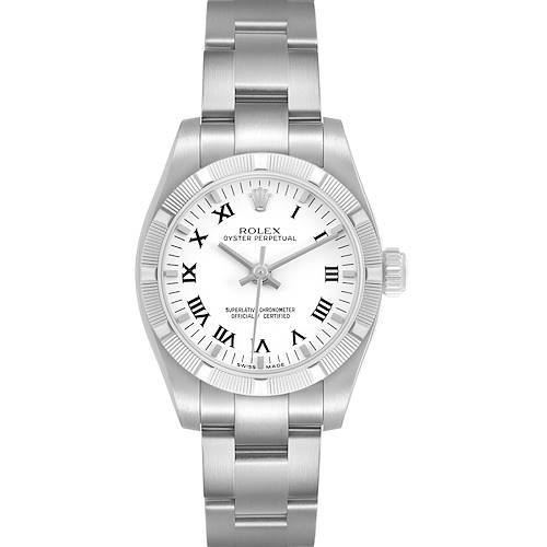 The Rolex Oyster Perpetual 176210 Women's Stainless Steel White Dial watch is shown from a front angle, displaying its face, Roman numerals, and metal bracelet.