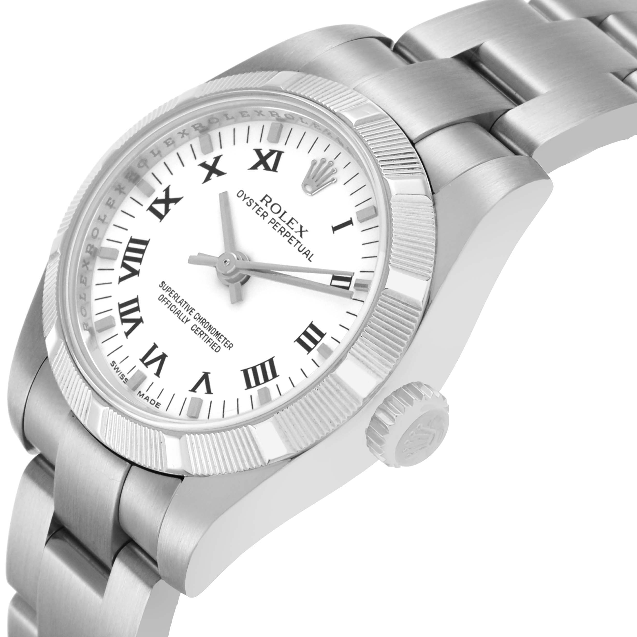 The Rolex Oyster Perpetual 176210 Women's Stainless Steel White Dial watch is shown at a slight angle, highlighting the dial, bezel, crown, and bracelet.