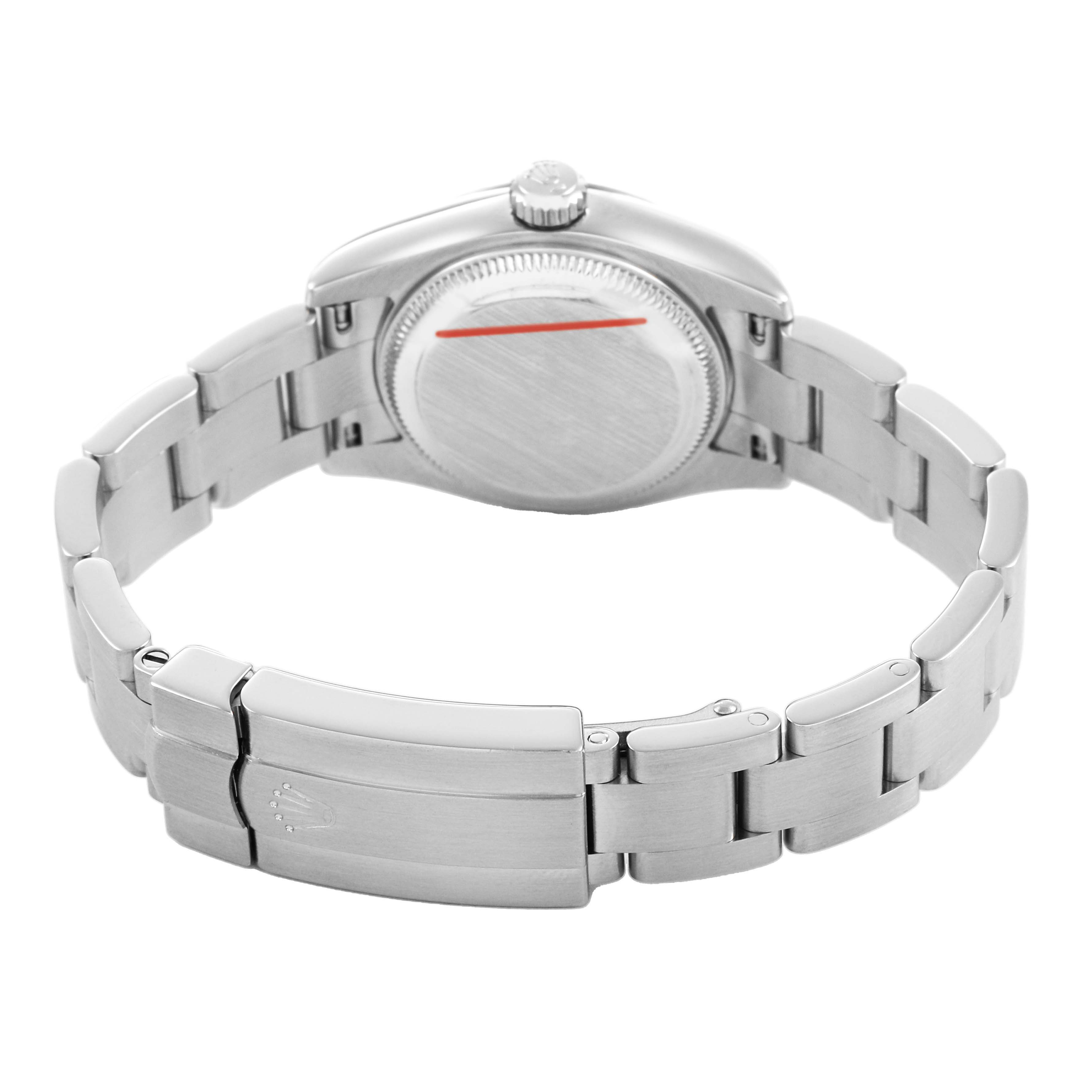The image shows the back view of a Rolex Oyster Perpetual 176210 Women's Stainless Steel White Dial watch, featuring the case back, bracelet, and clasp.
